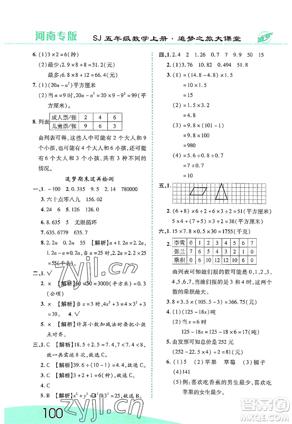 天津科學(xué)技術(shù)出版社2022追夢之旅大課堂五年級數(shù)學(xué)上冊SJ蘇教版河南專版答案