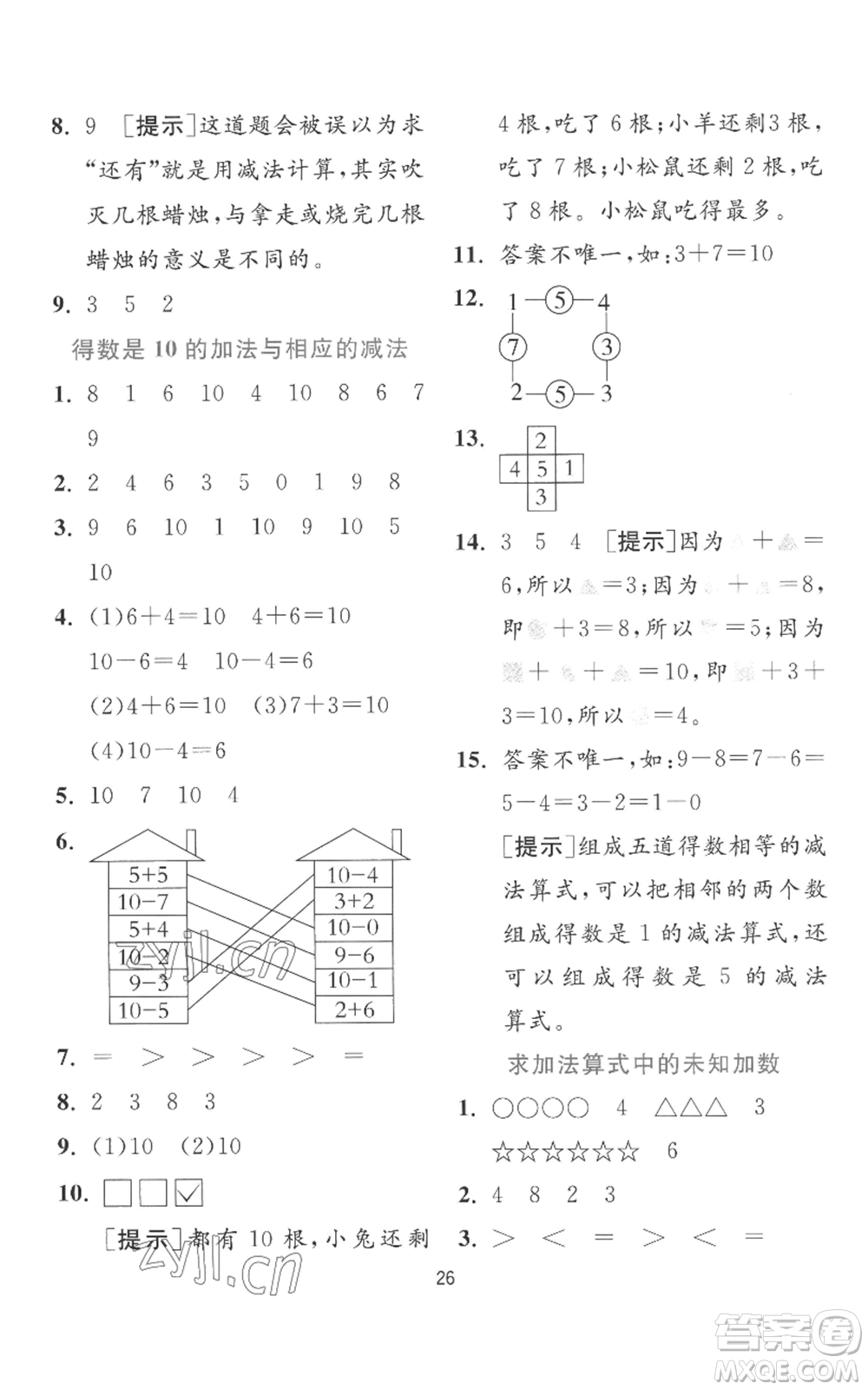 江蘇人民出版社2022秋季實(shí)驗(yàn)班提優(yōu)訓(xùn)練一年級(jí)上冊(cè)數(shù)學(xué)蘇教版參考答案