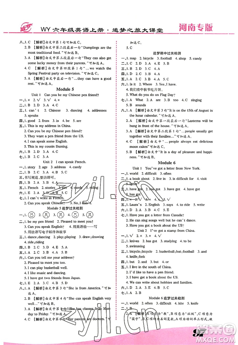 天津科學(xué)技術(shù)出版社2022追夢之旅大課堂六年級英語上冊WY外研版河南專版答案