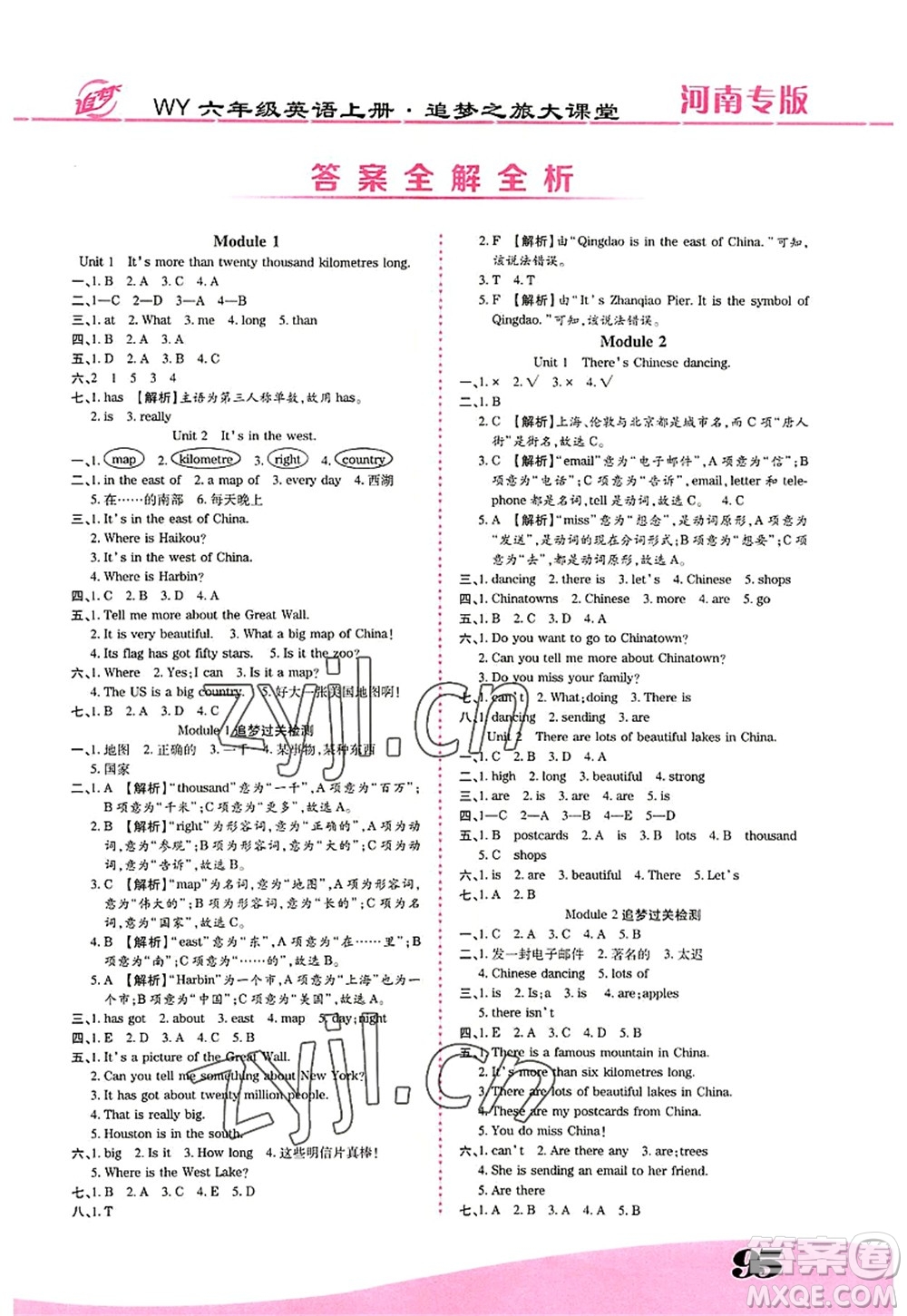 天津科學(xué)技術(shù)出版社2022追夢之旅大課堂六年級英語上冊WY外研版河南專版答案