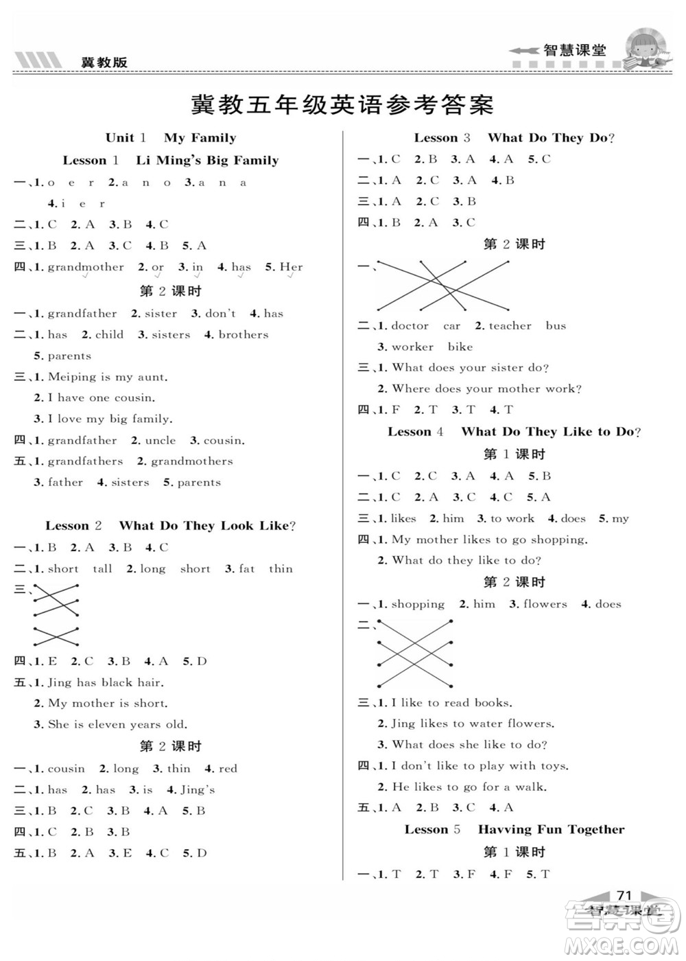 云南科技出版社2022秋智慧課堂同步講練測(cè)英語(yǔ)五年級(jí)上冊(cè)JJ冀教版答案