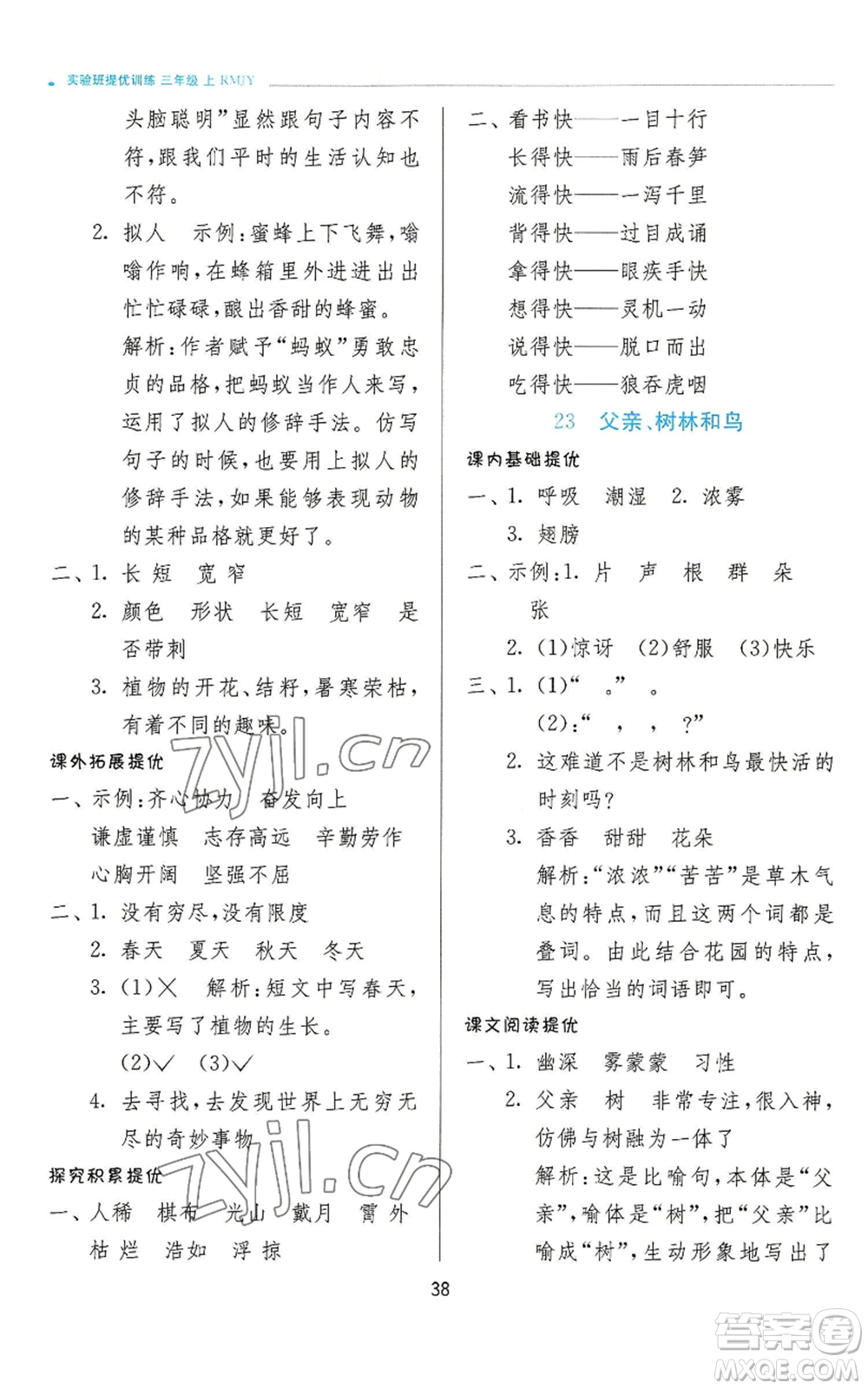 江蘇人民出版社2022秋季實驗班提優(yōu)訓(xùn)練三年級上冊語文人教版參考答案