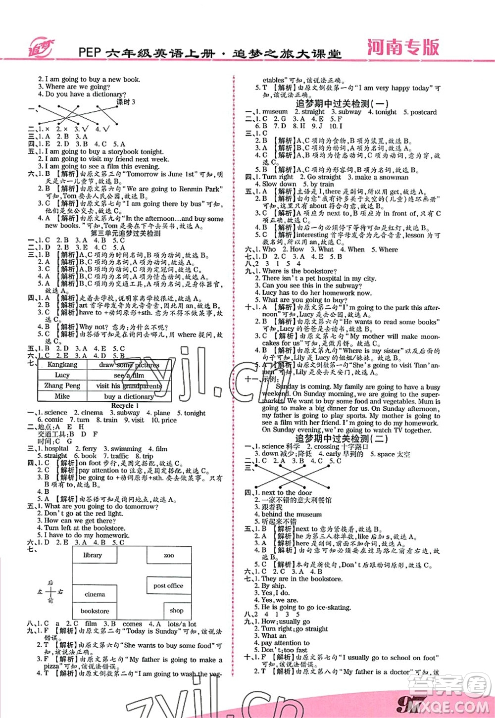 天津科學(xué)技術(shù)出版社2022追夢之旅大課堂六年級英語上冊PEP版河南專版答案