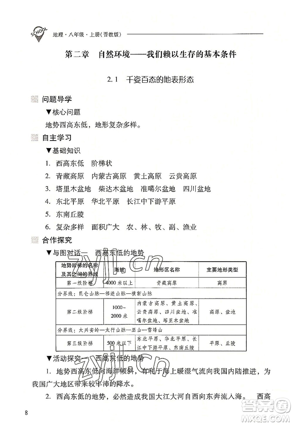 山西教育出版社2022新課程問題解決導(dǎo)學(xué)方案八年級地理上冊晉教版答案