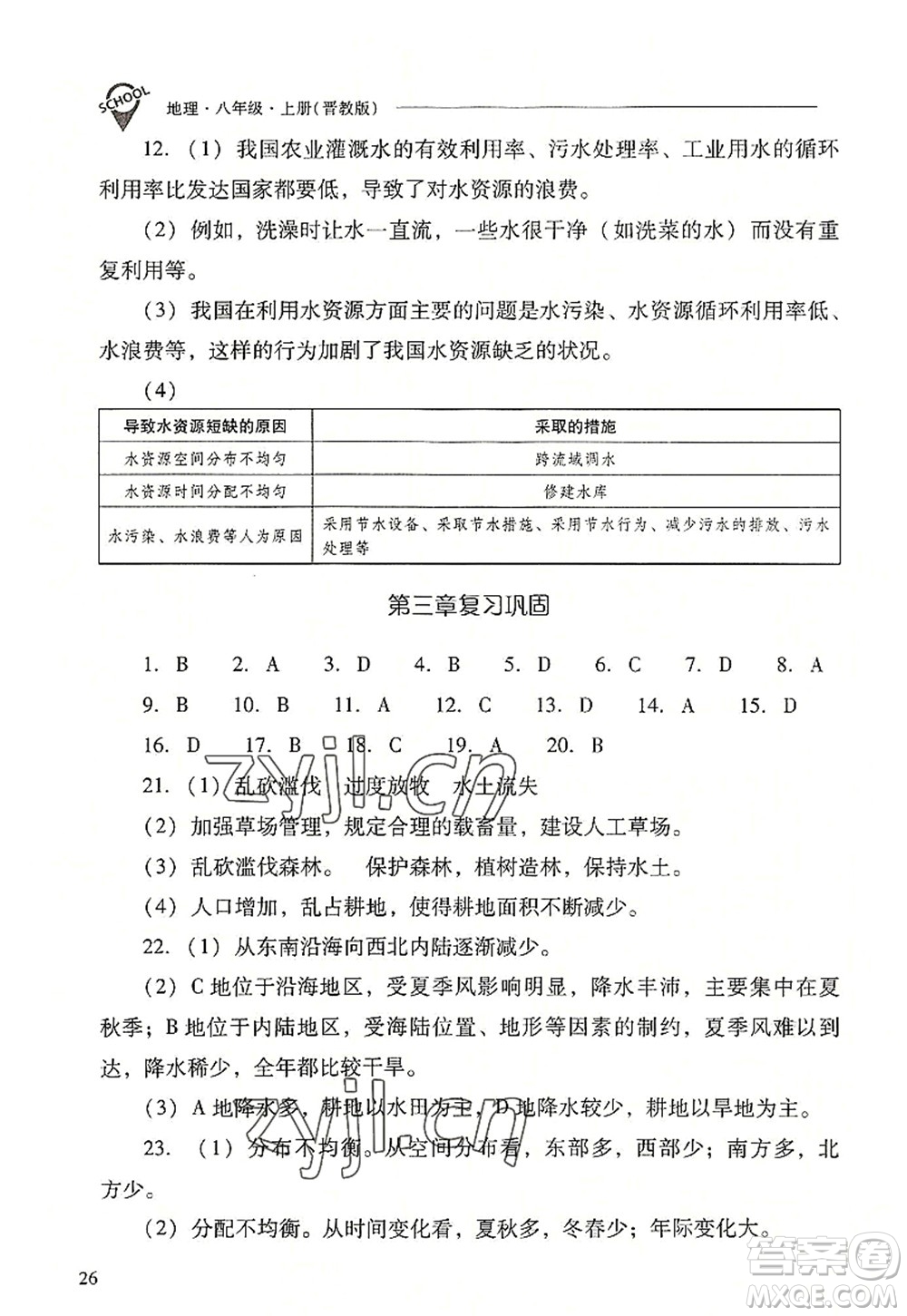 山西教育出版社2022新課程問題解決導(dǎo)學(xué)方案八年級地理上冊晉教版答案