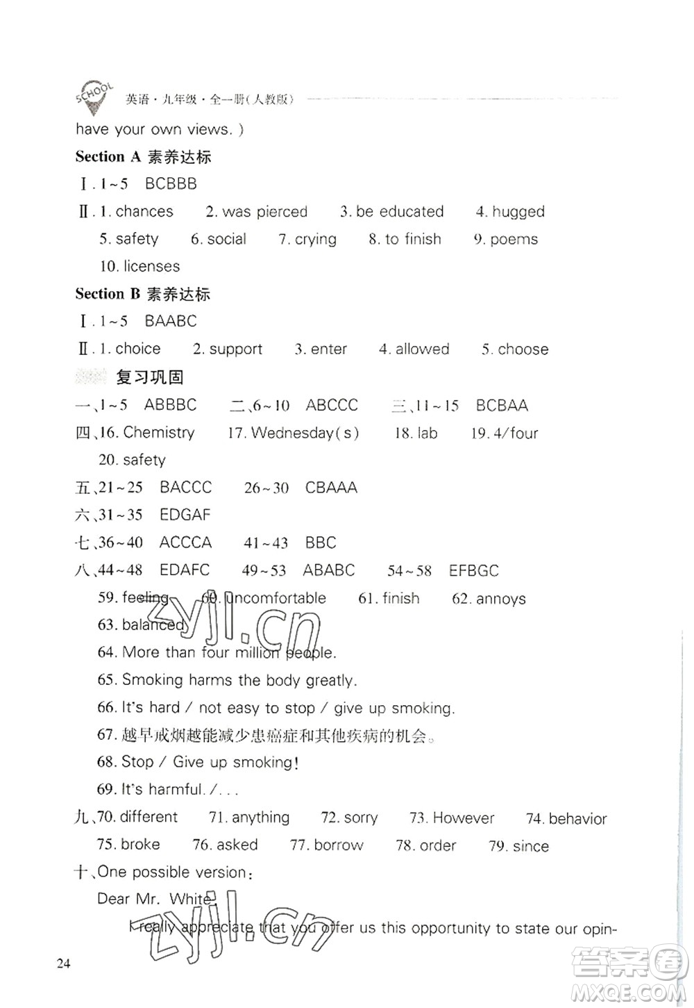 山西教育出版社2022新課程問題解決導(dǎo)學(xué)方案九年級英語全一冊人教版答案