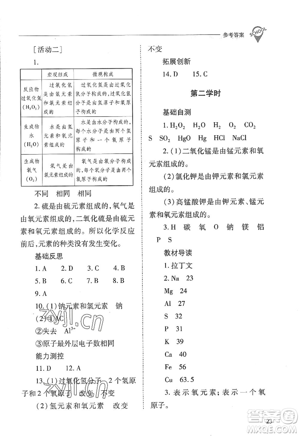 山西教育出版社2022新課程問題解決導學方案九年級化學上冊人教版答案