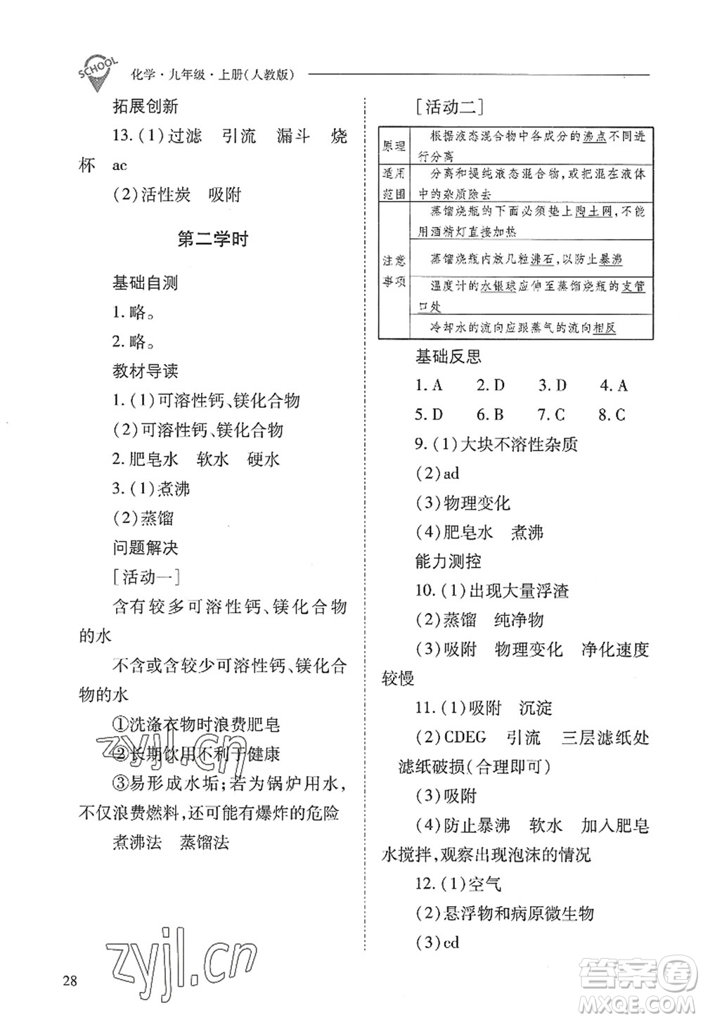 山西教育出版社2022新課程問題解決導學方案九年級化學上冊人教版答案