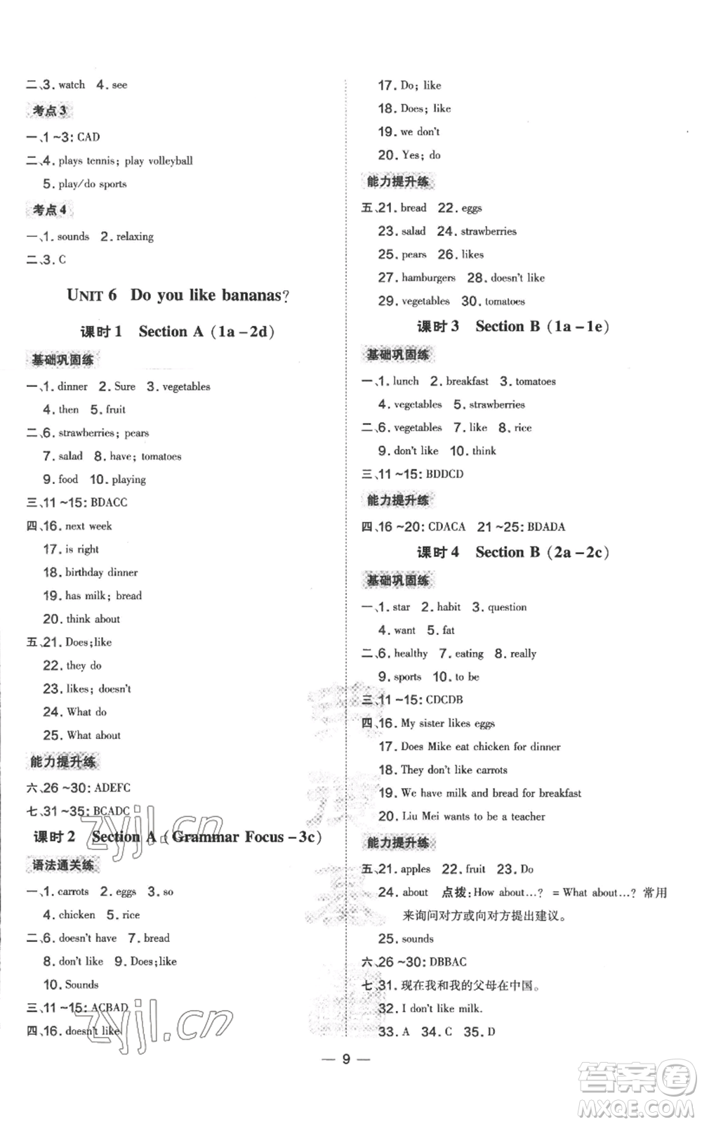 吉林教育出版社2022秋季點撥訓練七年級上冊英語人教版參考答案