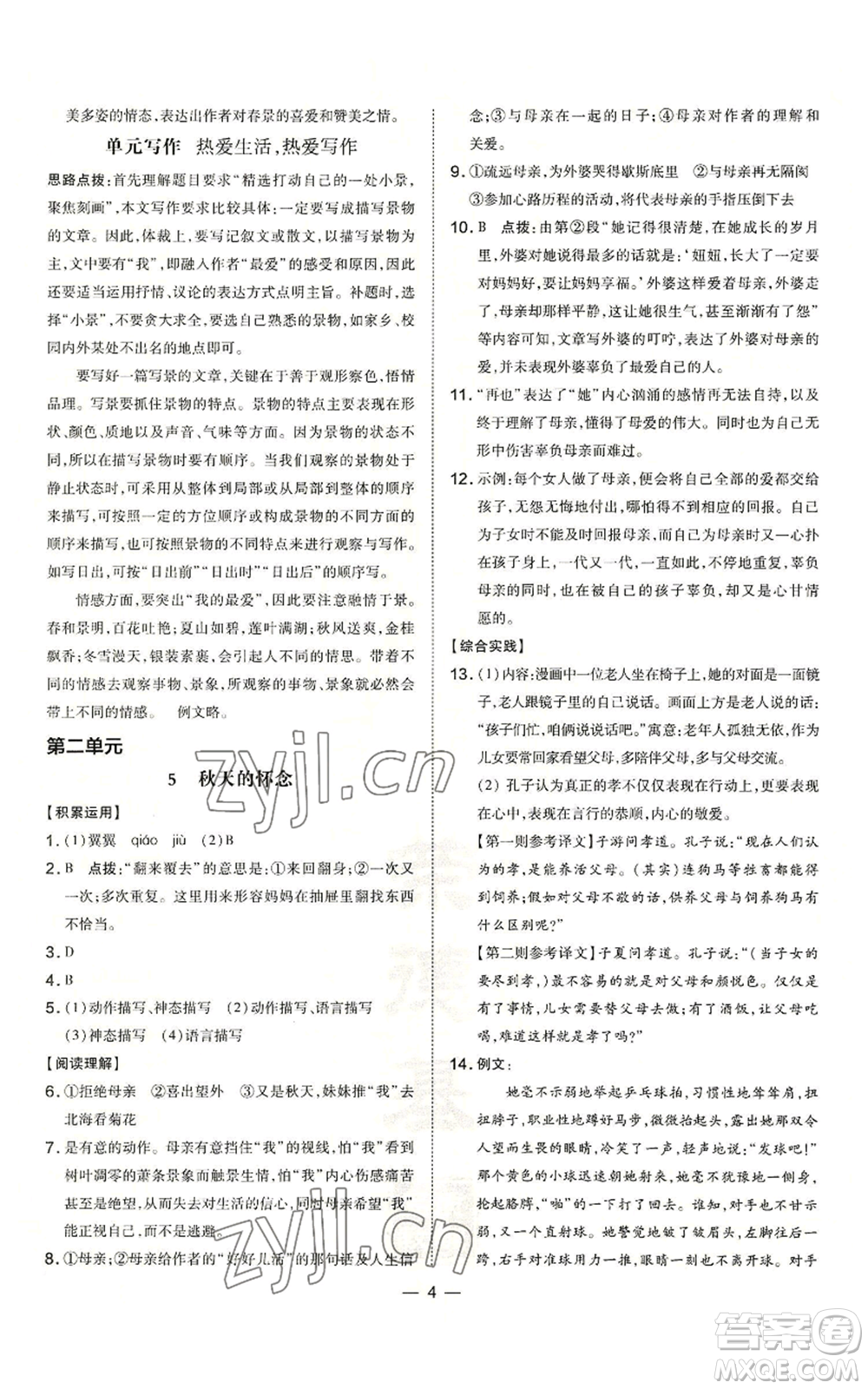 吉林教育出版社2022秋季點撥訓練七年級上冊語文人教版參考答案