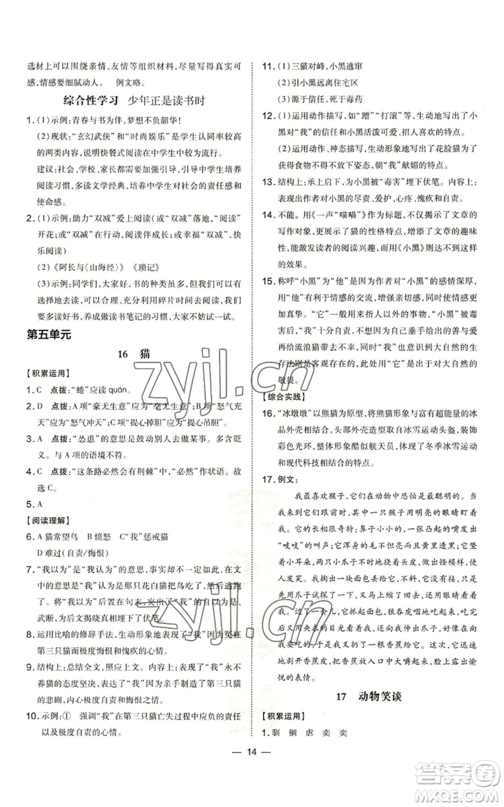 吉林教育出版社2022秋季點撥訓練七年級上冊語文人教版參考答案