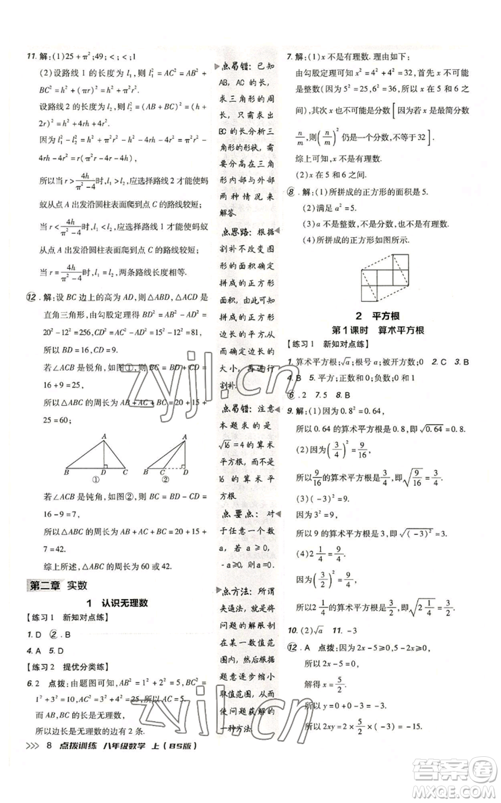 安徽教育出版社2022秋季點撥訓(xùn)練八年級上冊數(shù)學(xué)北師大版參考答案