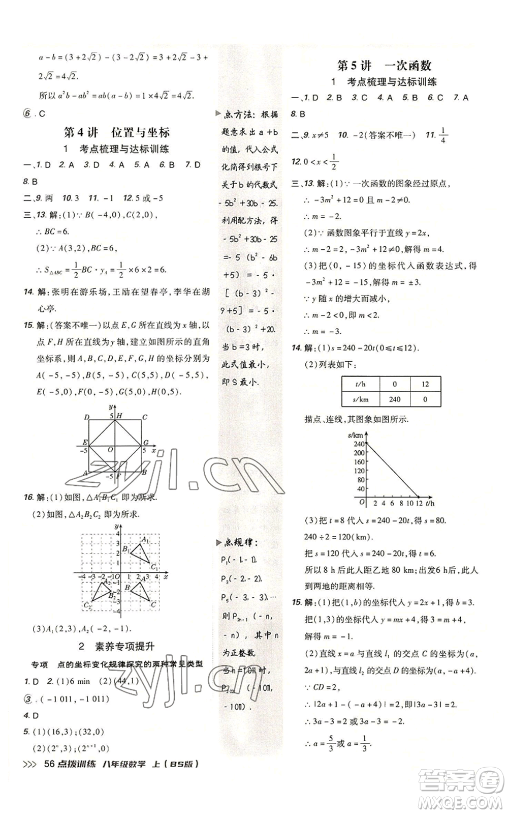 安徽教育出版社2022秋季點撥訓(xùn)練八年級上冊數(shù)學(xué)北師大版參考答案