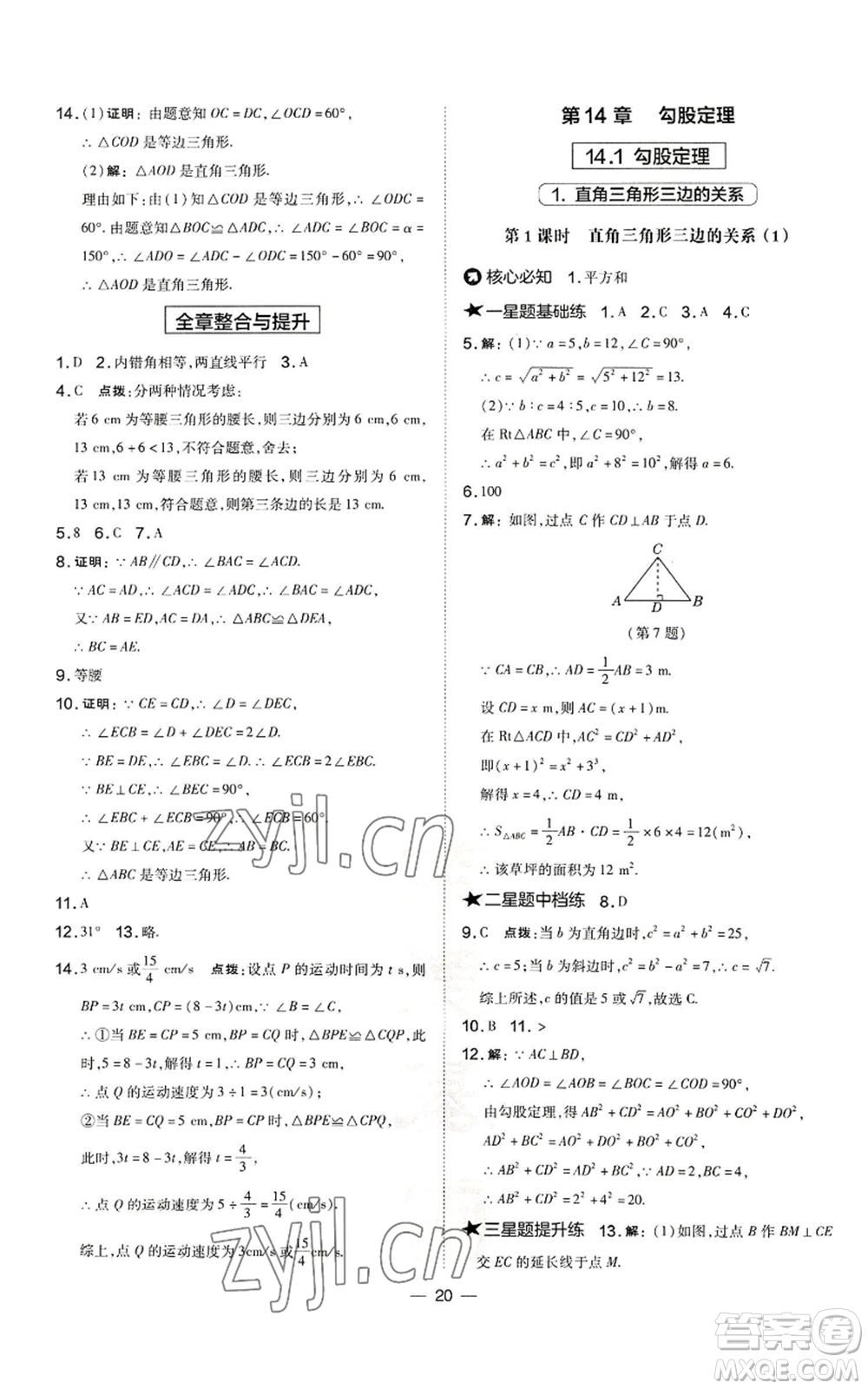 山西教育出版社2022秋季點撥訓練八年級上冊數(shù)學華師大版參考答案