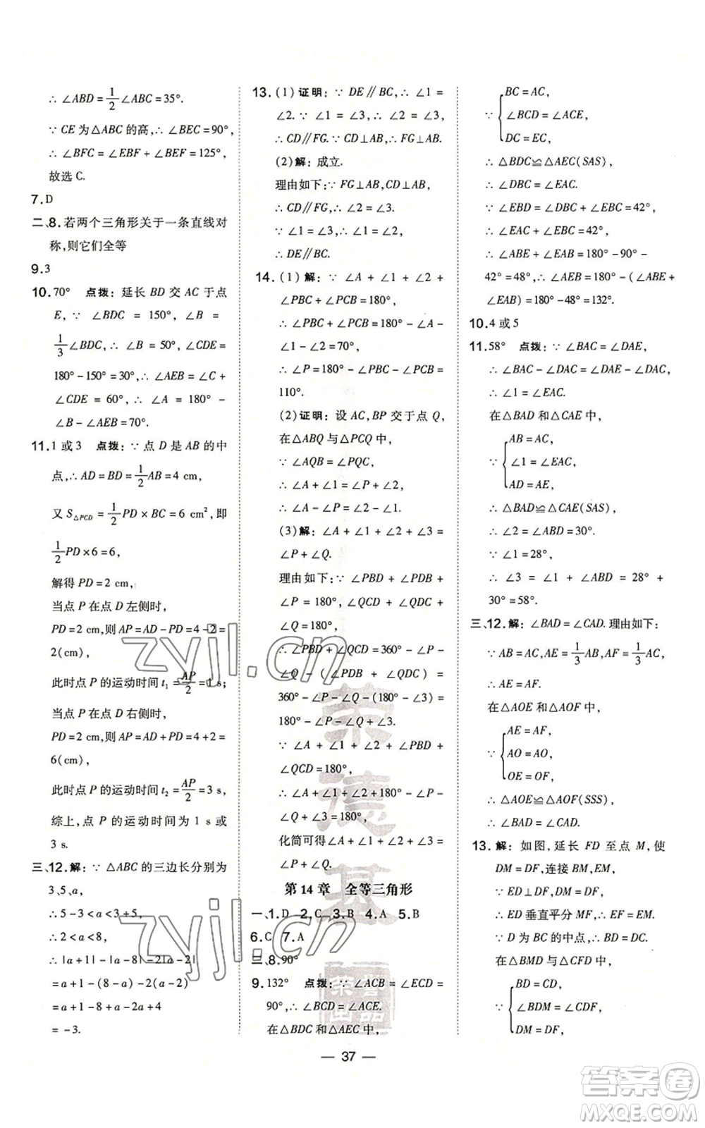 山西教育出版社2022秋季點(diǎn)撥訓(xùn)練八年級(jí)上冊(cè)數(shù)學(xué)滬科版安徽專用參考答案