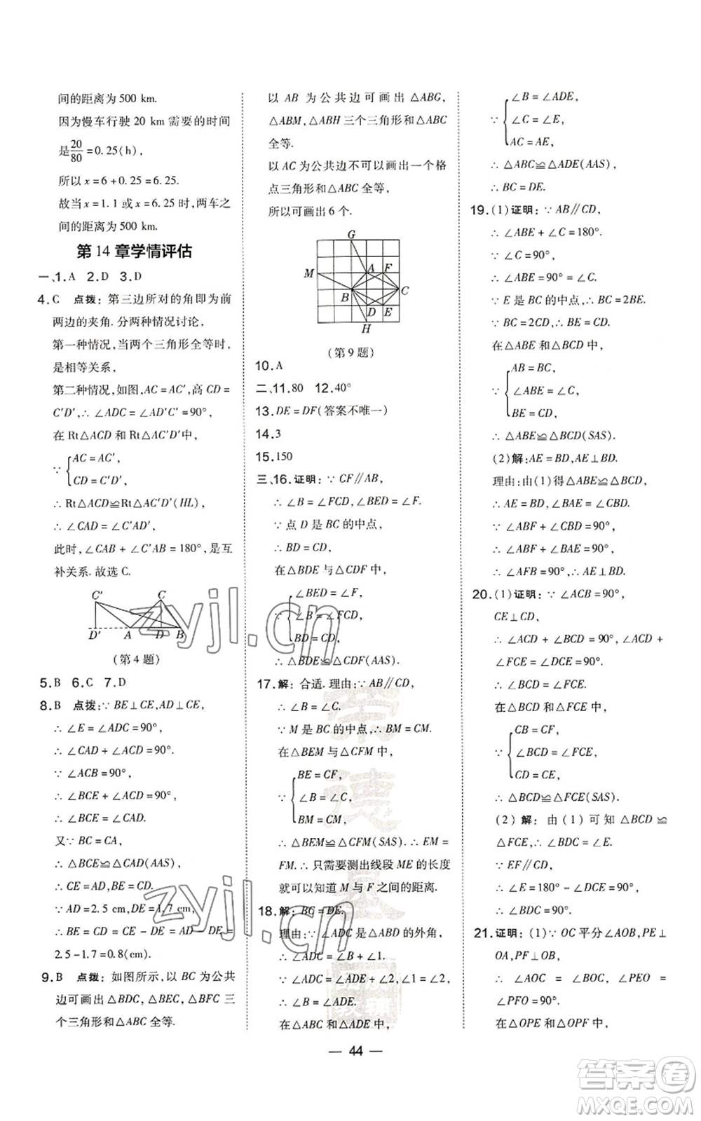 山西教育出版社2022秋季點(diǎn)撥訓(xùn)練八年級(jí)上冊(cè)數(shù)學(xué)滬科版安徽專用參考答案