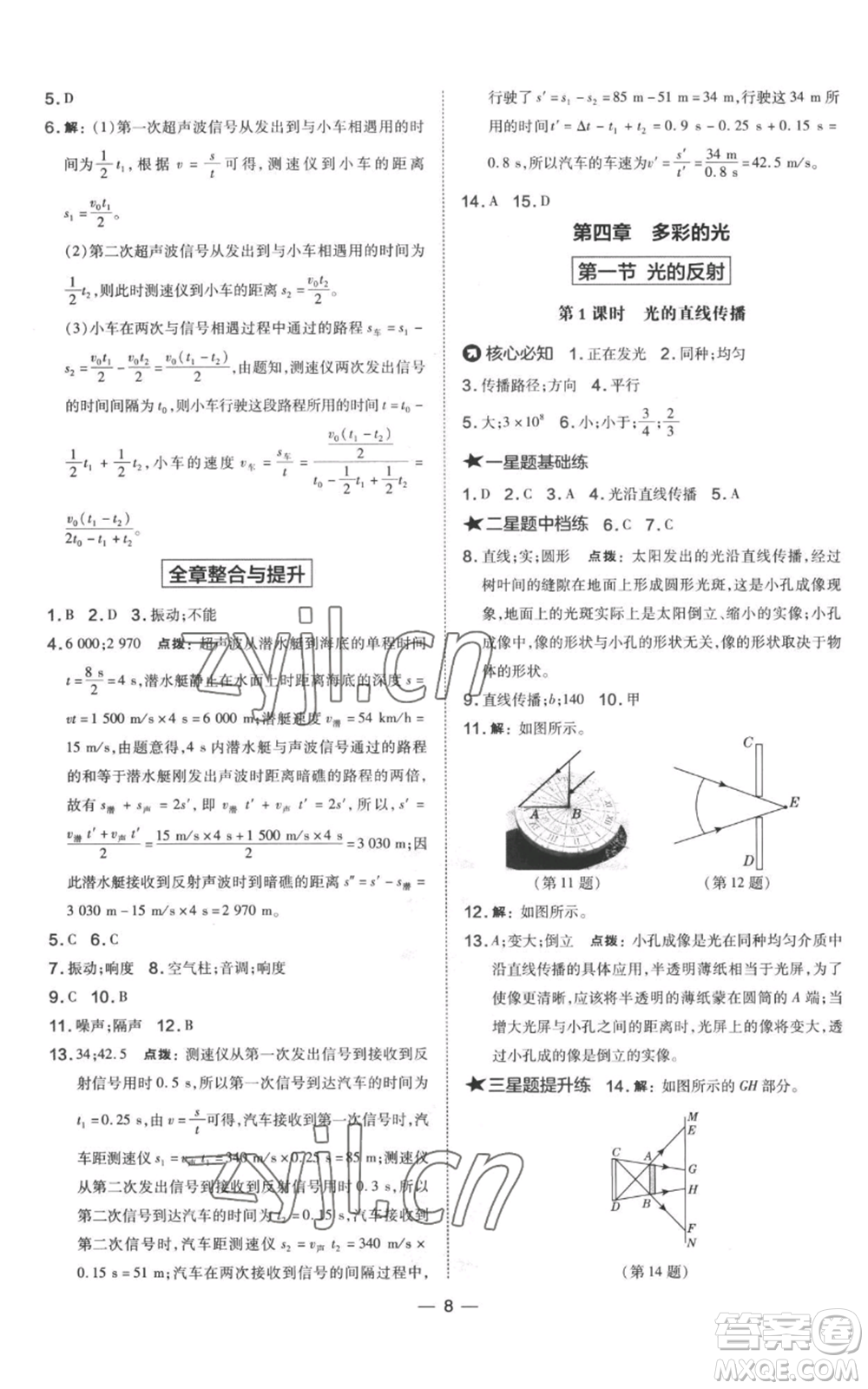 山西教育出版社2022秋季點(diǎn)撥訓(xùn)練八年級(jí)上冊(cè)物理滬科版參考答案