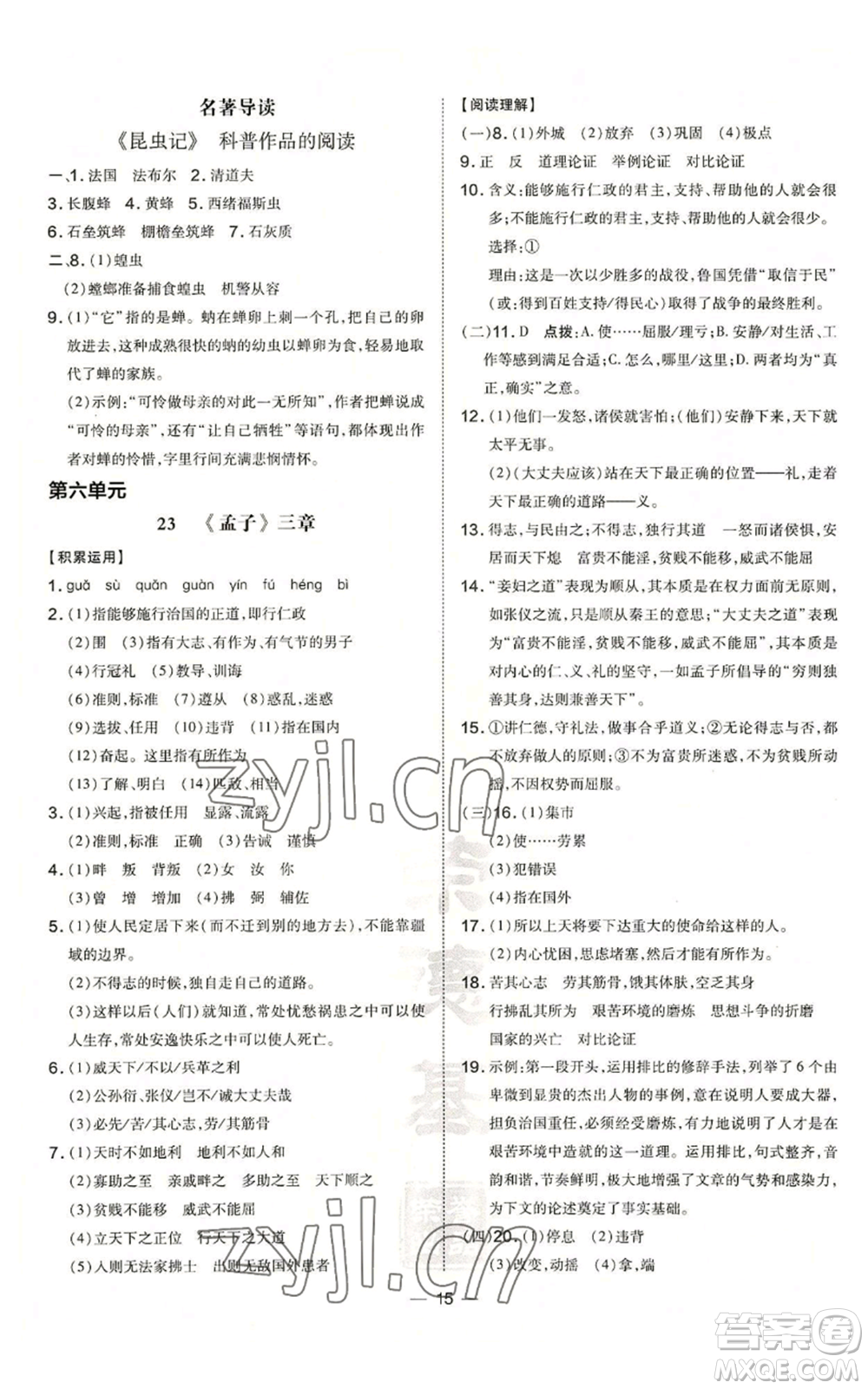 安徽教育出版社2022秋季點(diǎn)撥訓(xùn)練八年級(jí)上冊(cè)語(yǔ)文人教版安徽專版參考答案