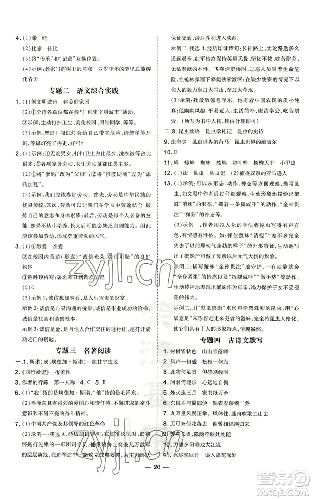 安徽教育出版社2022秋季點(diǎn)撥訓(xùn)練八年級(jí)上冊(cè)語(yǔ)文人教版安徽專版參考答案