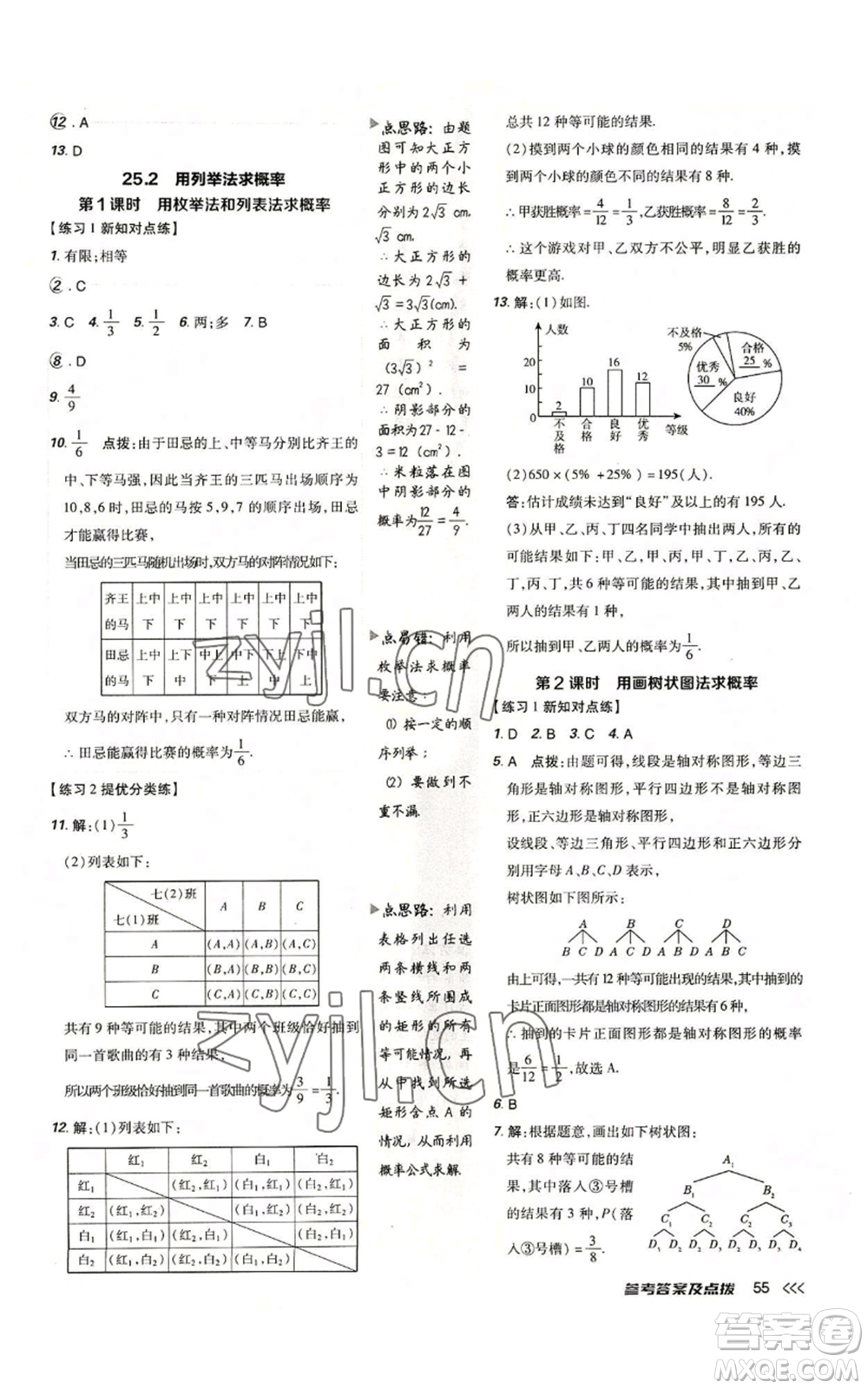 吉林教育出版社2022秋季點(diǎn)撥訓(xùn)練九年級(jí)上冊(cè)數(shù)學(xué)人教版參考答案