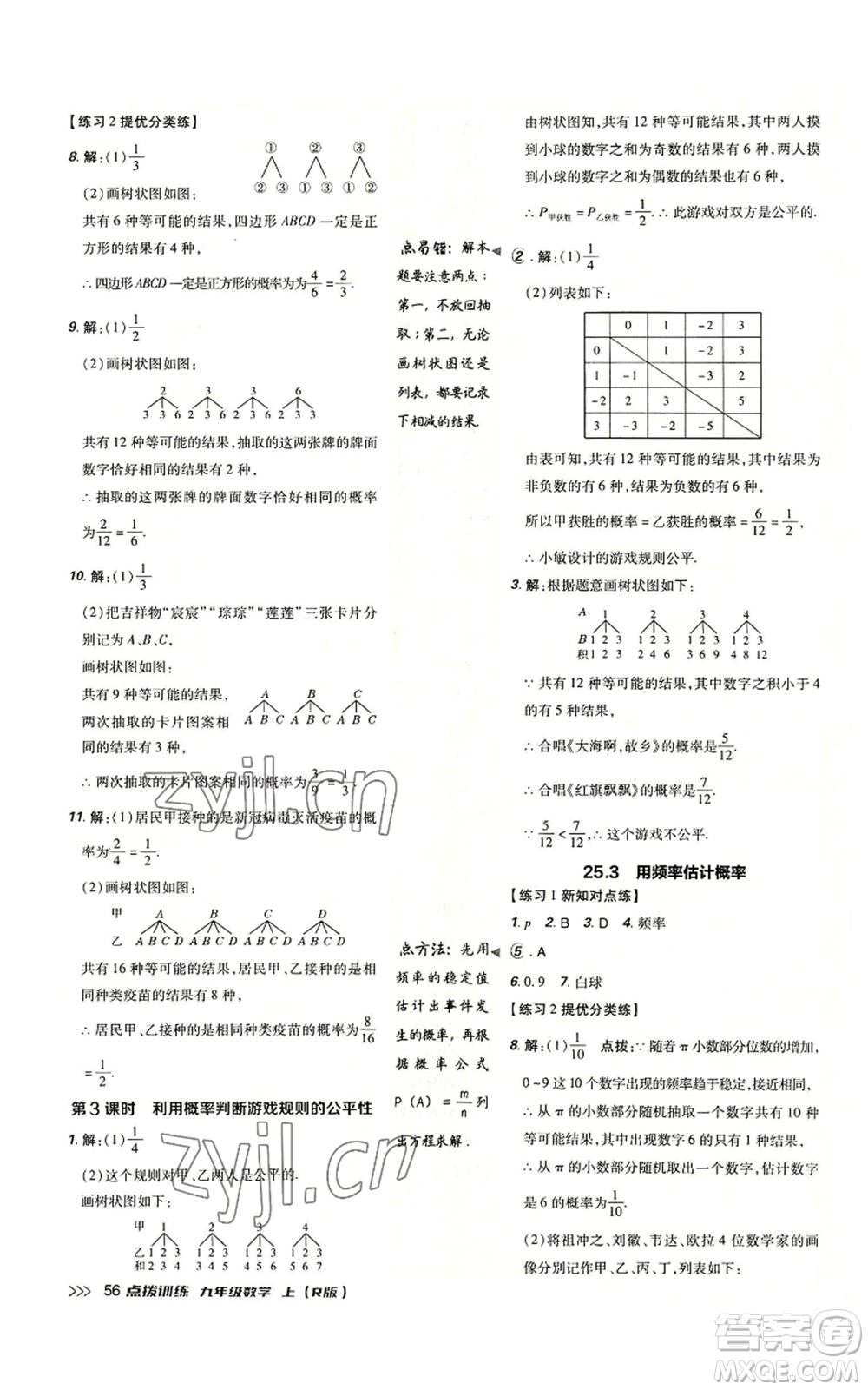 吉林教育出版社2022秋季點(diǎn)撥訓(xùn)練九年級(jí)上冊(cè)數(shù)學(xué)人教版參考答案