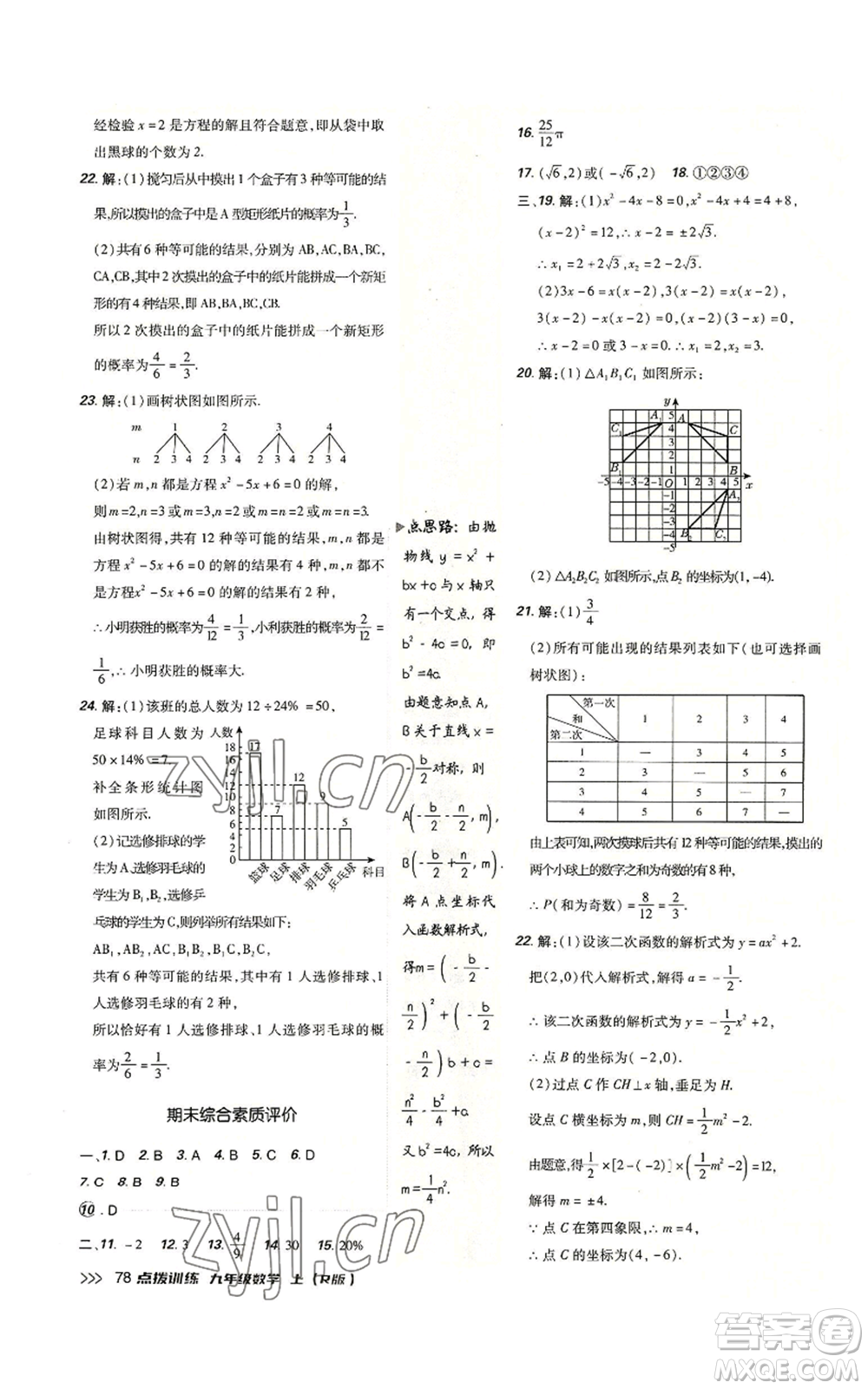 吉林教育出版社2022秋季點(diǎn)撥訓(xùn)練九年級(jí)上冊(cè)數(shù)學(xué)人教版參考答案