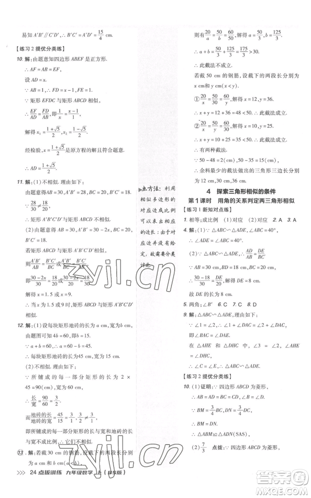 安徽教育出版社2022秋季點(diǎn)撥訓(xùn)練九年級(jí)上冊(cè)數(shù)學(xué)北師大版參考答案