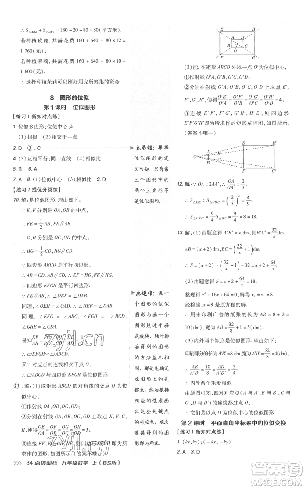 安徽教育出版社2022秋季點(diǎn)撥訓(xùn)練九年級(jí)上冊(cè)數(shù)學(xué)北師大版參考答案