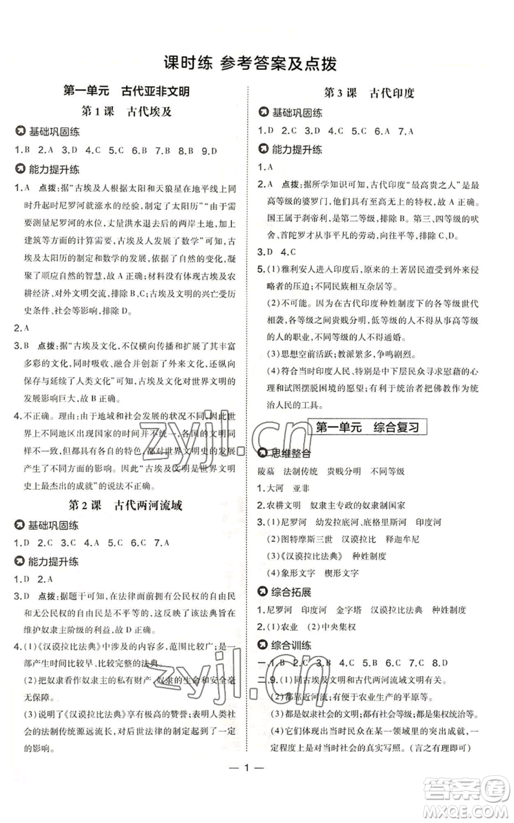 吉林教育出版社2022秋季點撥訓(xùn)練九年級上冊歷史人教版參考答案