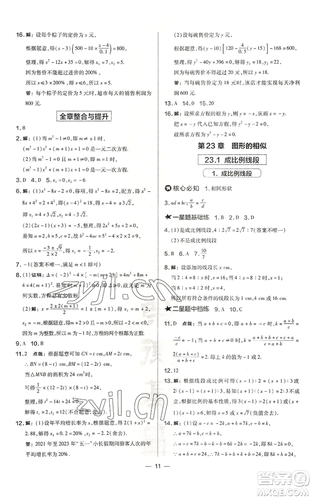 山西教育出版社2022秋季點(diǎn)撥訓(xùn)練九年級(jí)上冊(cè)數(shù)學(xué)華師大版參考答案