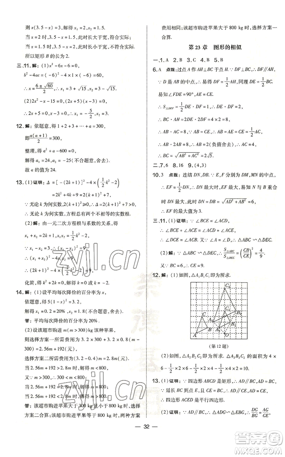 山西教育出版社2022秋季點(diǎn)撥訓(xùn)練九年級(jí)上冊(cè)數(shù)學(xué)華師大版參考答案