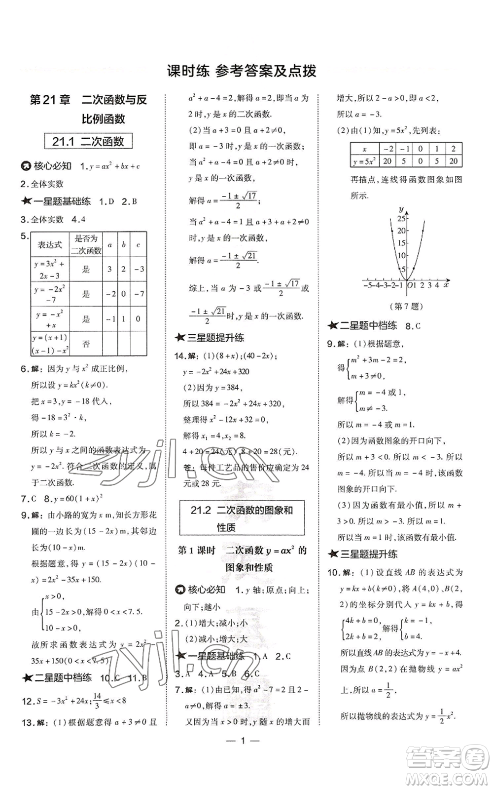 山西教育出版社2022秋季點(diǎn)撥訓(xùn)練九年級(jí)上冊(cè)數(shù)學(xué)滬科版安徽專用參考答案