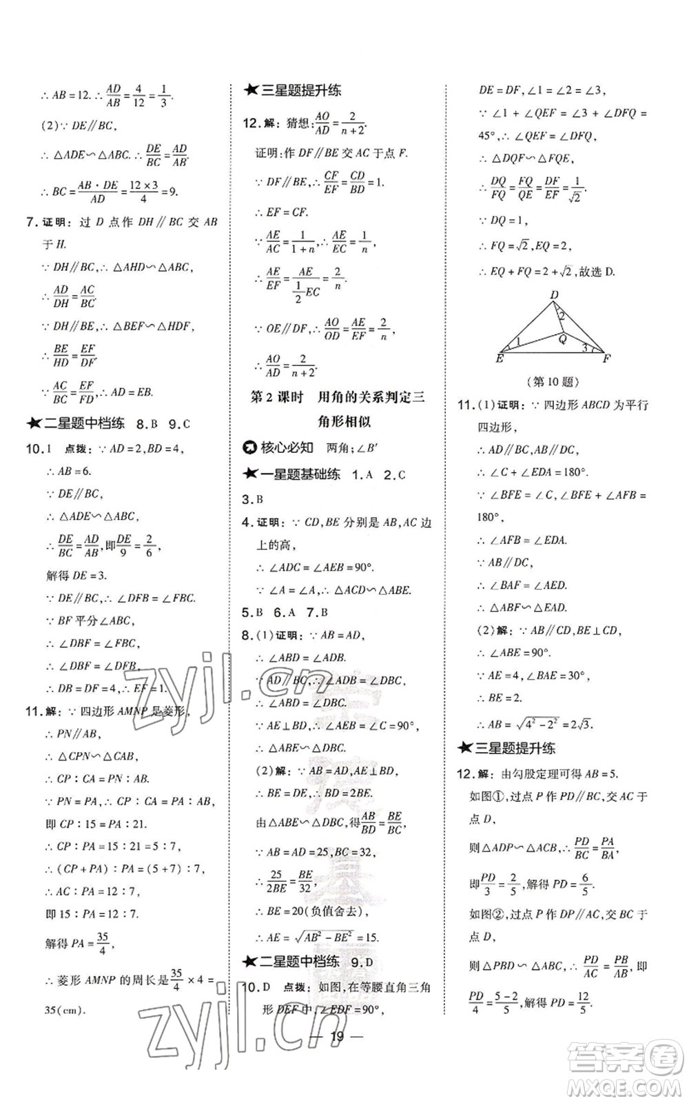 山西教育出版社2022秋季點(diǎn)撥訓(xùn)練九年級(jí)上冊(cè)數(shù)學(xué)滬科版安徽專用參考答案