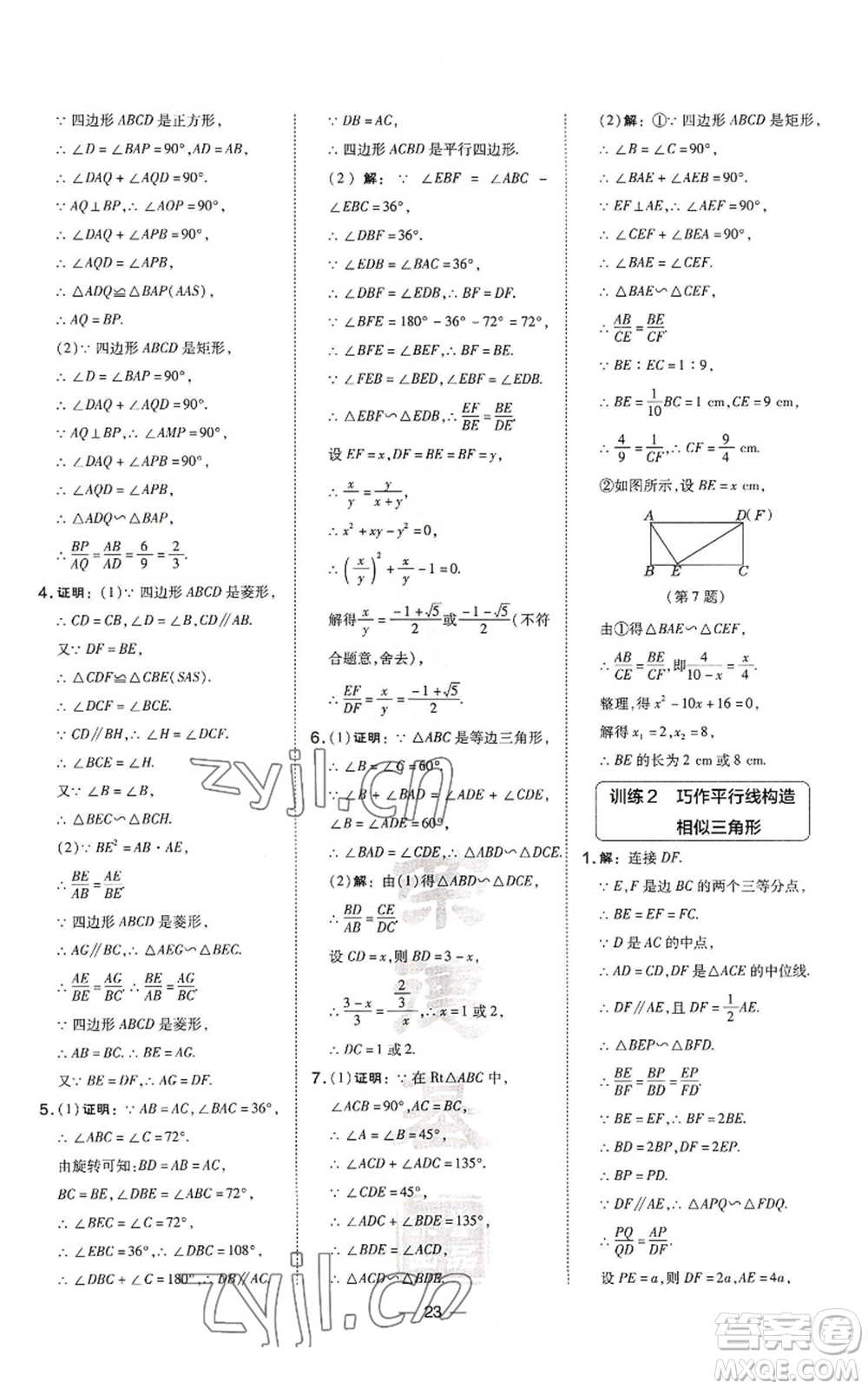 山西教育出版社2022秋季點(diǎn)撥訓(xùn)練九年級(jí)上冊(cè)數(shù)學(xué)滬科版安徽專用參考答案