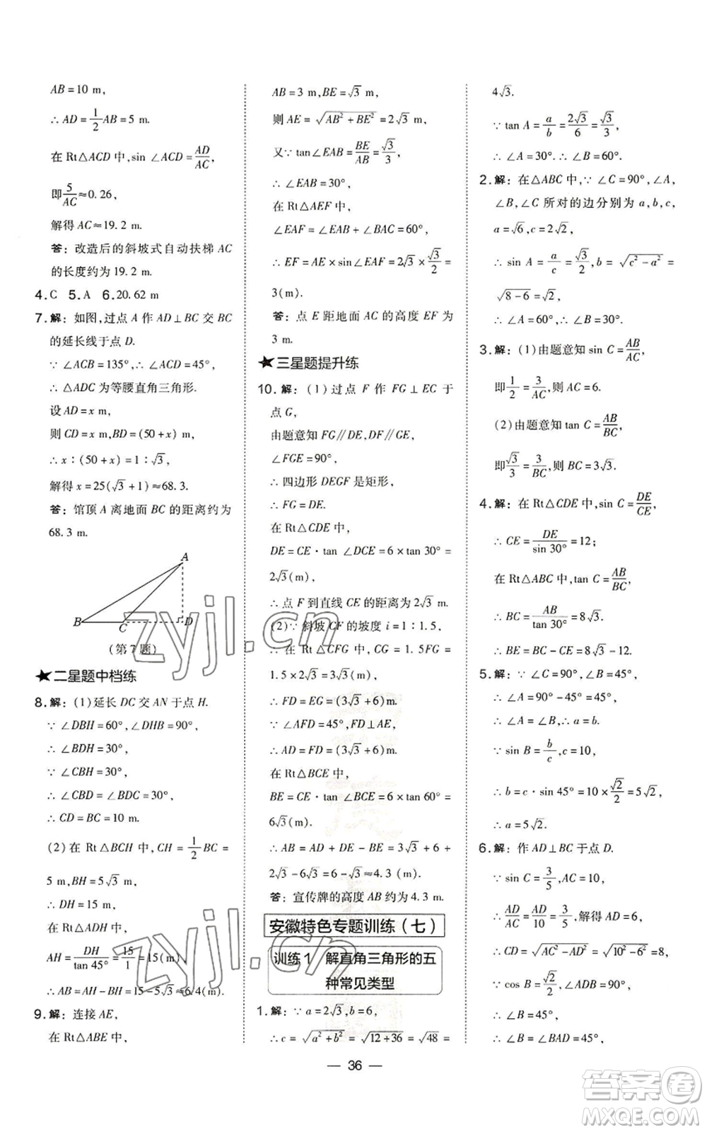 山西教育出版社2022秋季點(diǎn)撥訓(xùn)練九年級(jí)上冊(cè)數(shù)學(xué)滬科版安徽專用參考答案