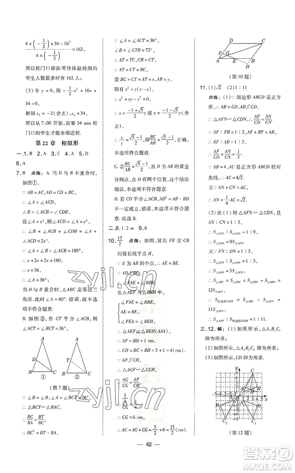 山西教育出版社2022秋季點(diǎn)撥訓(xùn)練九年級(jí)上冊(cè)數(shù)學(xué)滬科版安徽專用參考答案