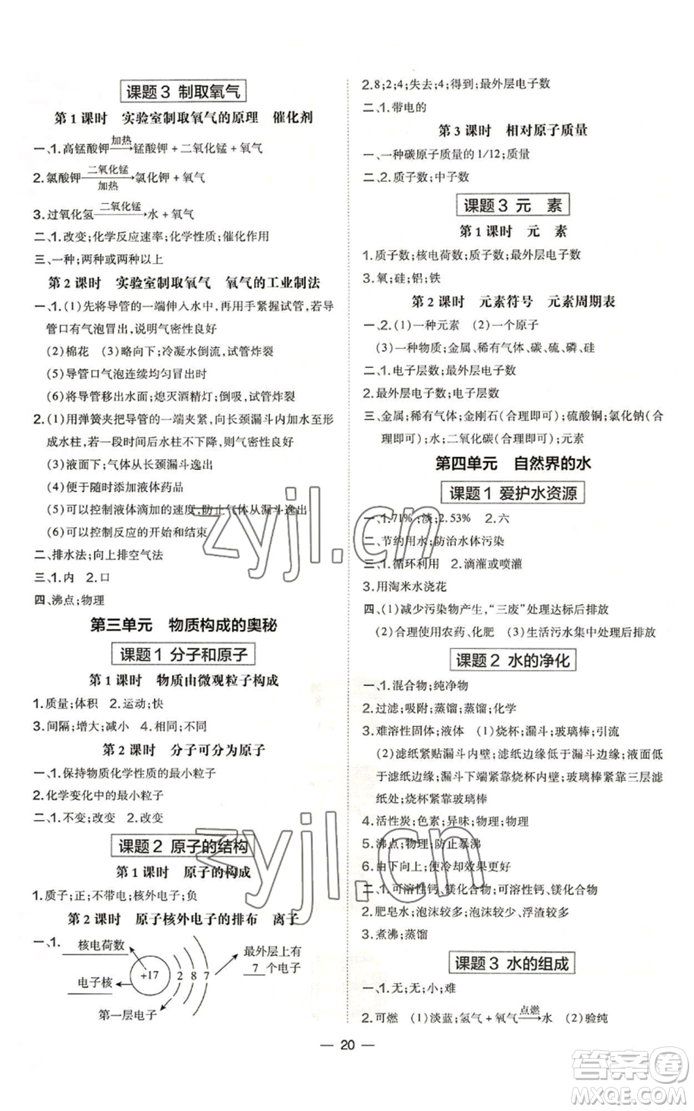 安徽教育出版社2022秋季點撥訓(xùn)練九年級上冊化學(xué)人教版安徽專版參考答案