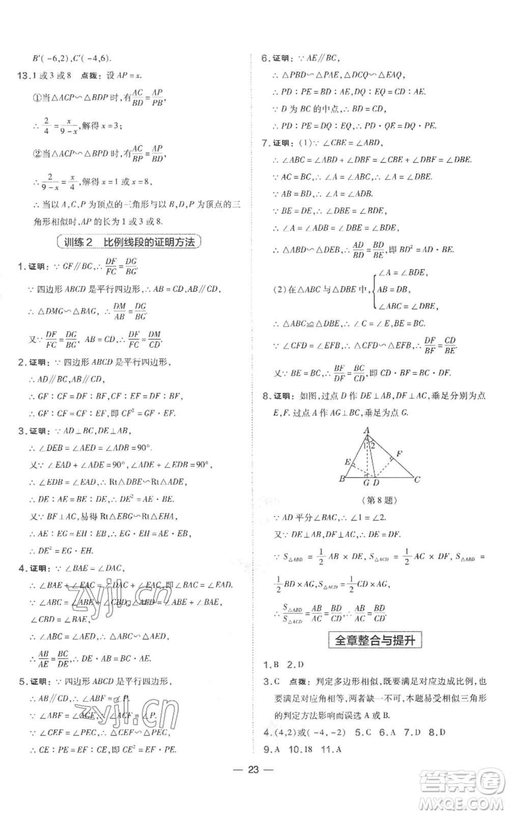 山西教育出版社2022秋季點(diǎn)撥訓(xùn)練九年級上冊數(shù)學(xué)湘教版參考答案