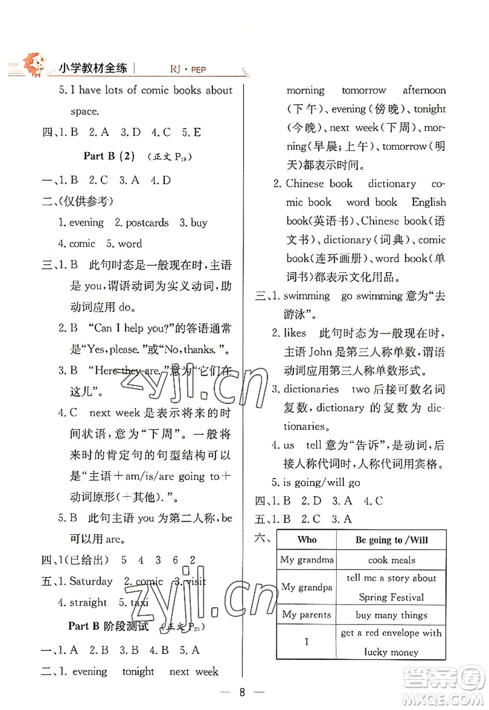 陜西人民教育出版社2022小學(xué)教材全練六年級(jí)英語(yǔ)上冊(cè)RJ人教版答案