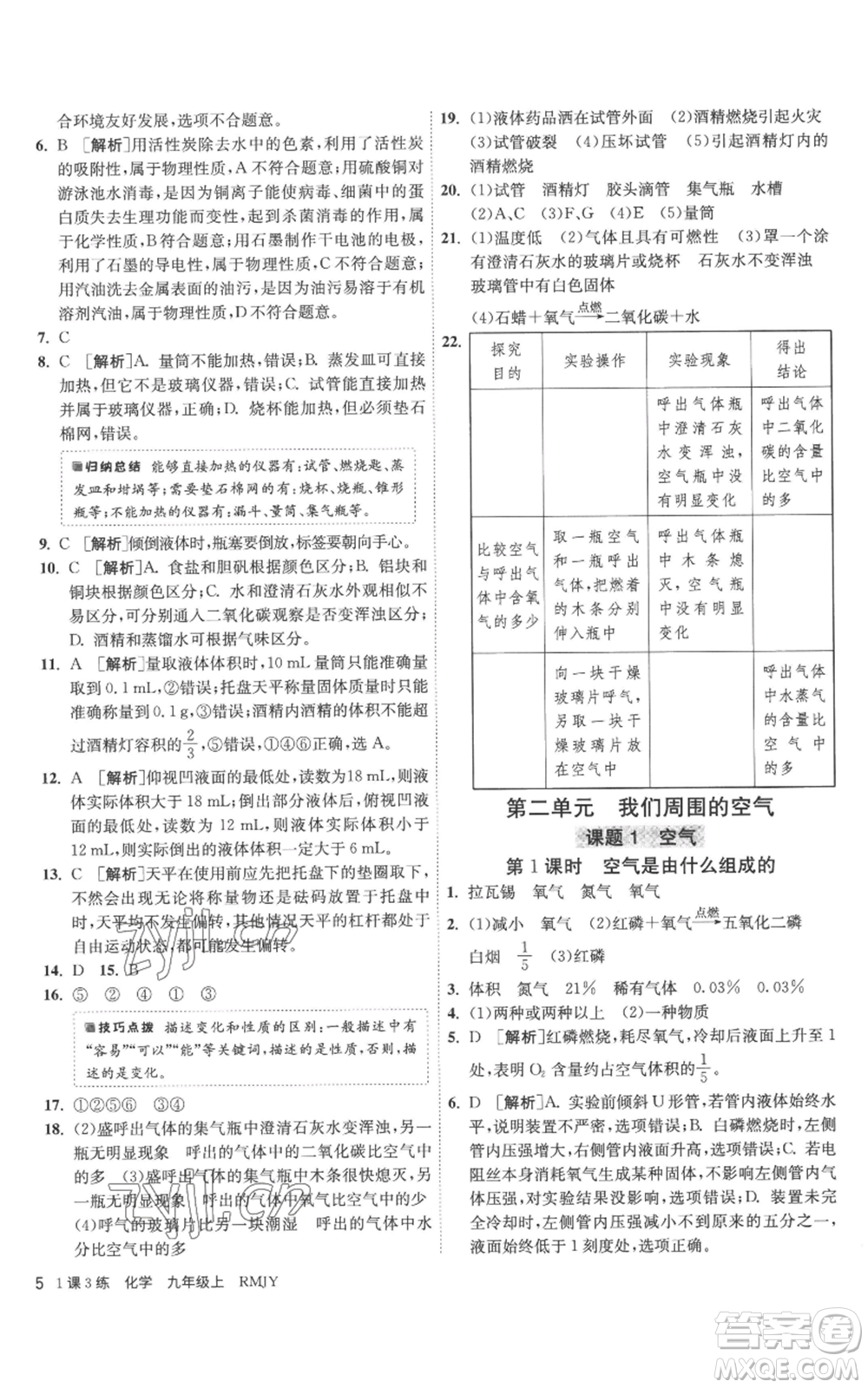 江蘇人民出版社2022秋季1課3練單元達(dá)標(biāo)測(cè)試九年級(jí)上冊(cè)化學(xué)人教版參考答案