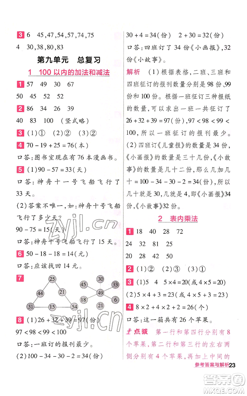 南京師范大學出版社2022秋季一遍過二年級上冊數(shù)學人教版參考答案