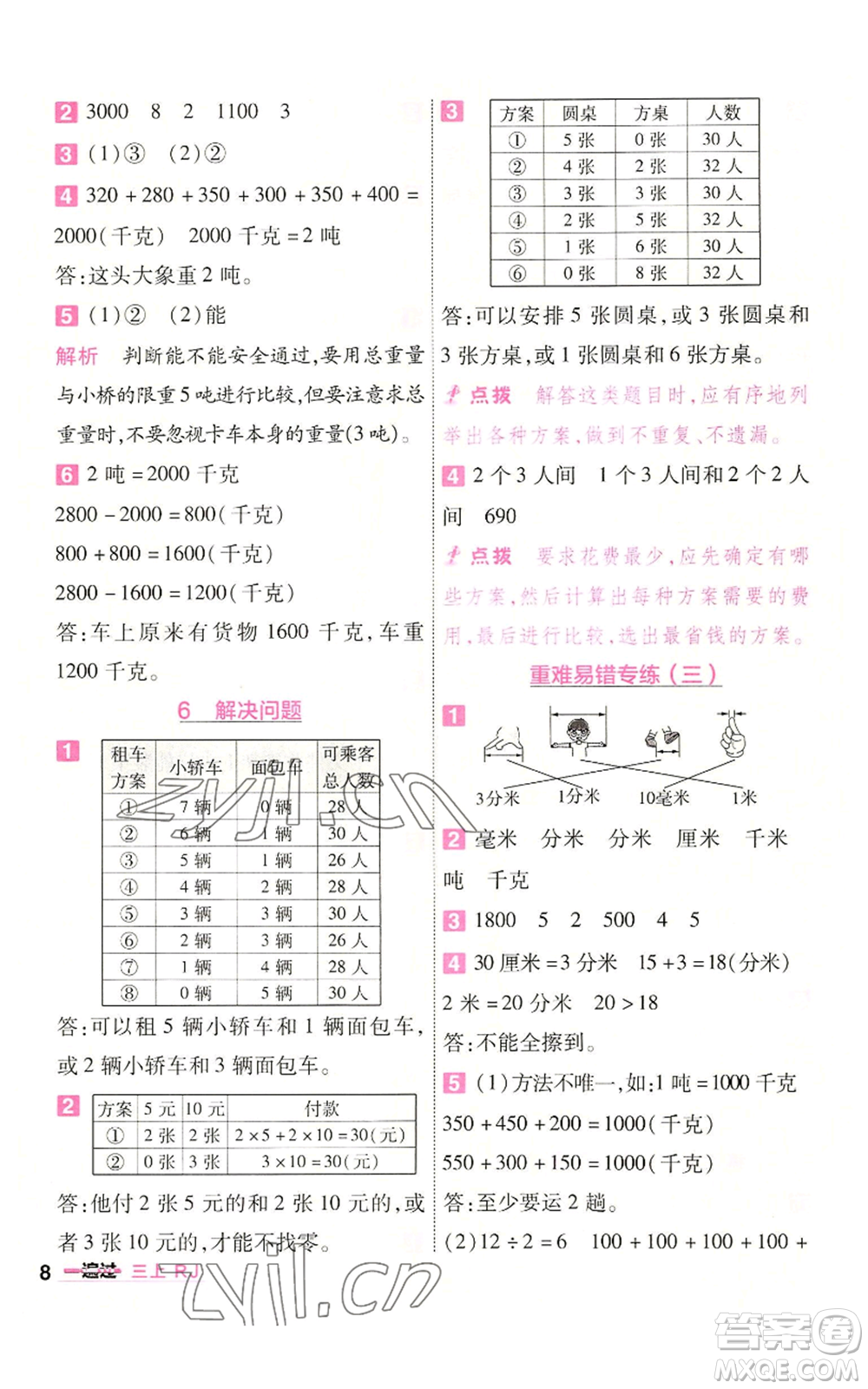 南京師范大學出版社2022秋季一遍過三年級上冊數(shù)學人教版參考答案