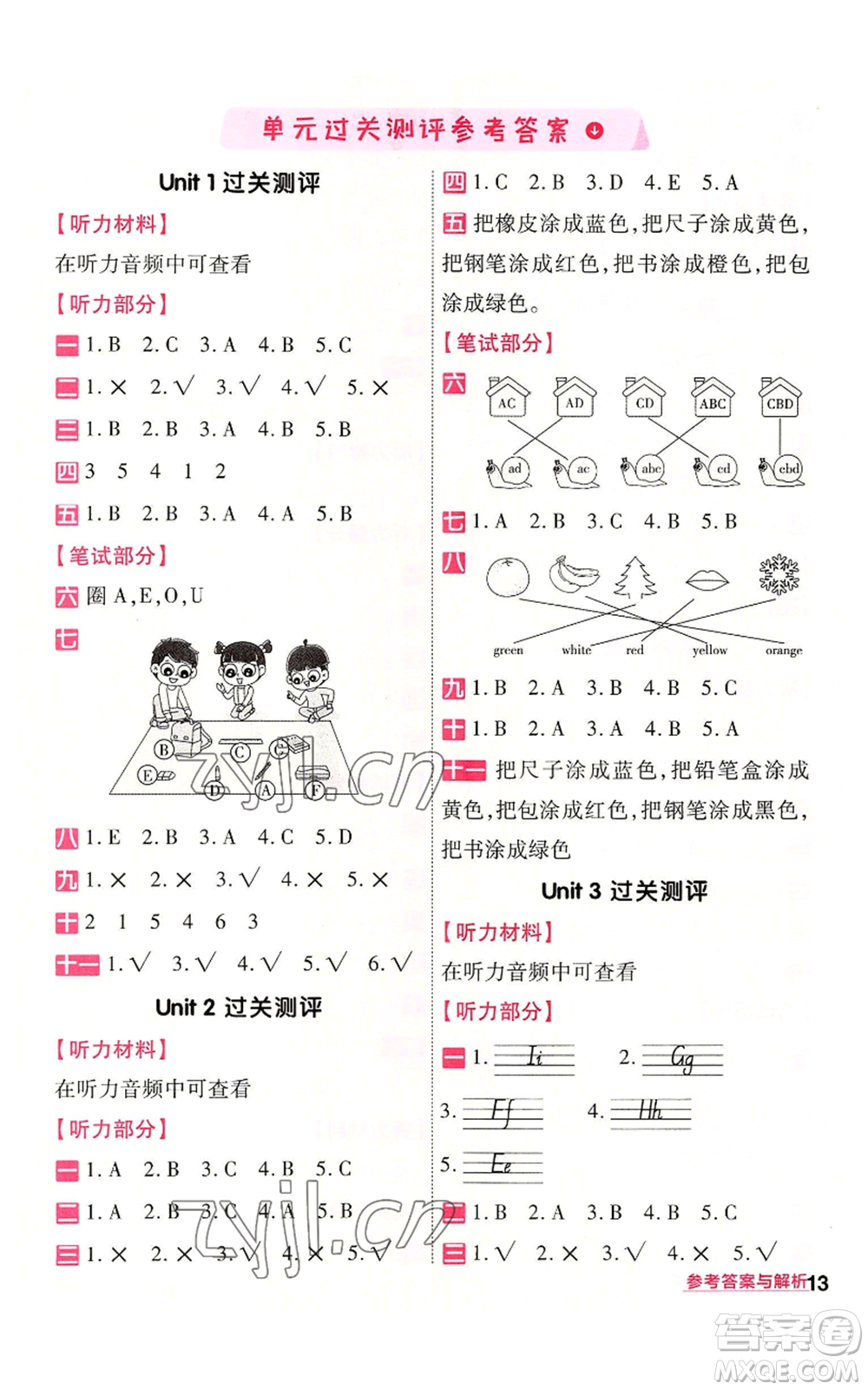 南京師范大學出版社2022秋季一遍過三年級上冊英語人教版參考答案