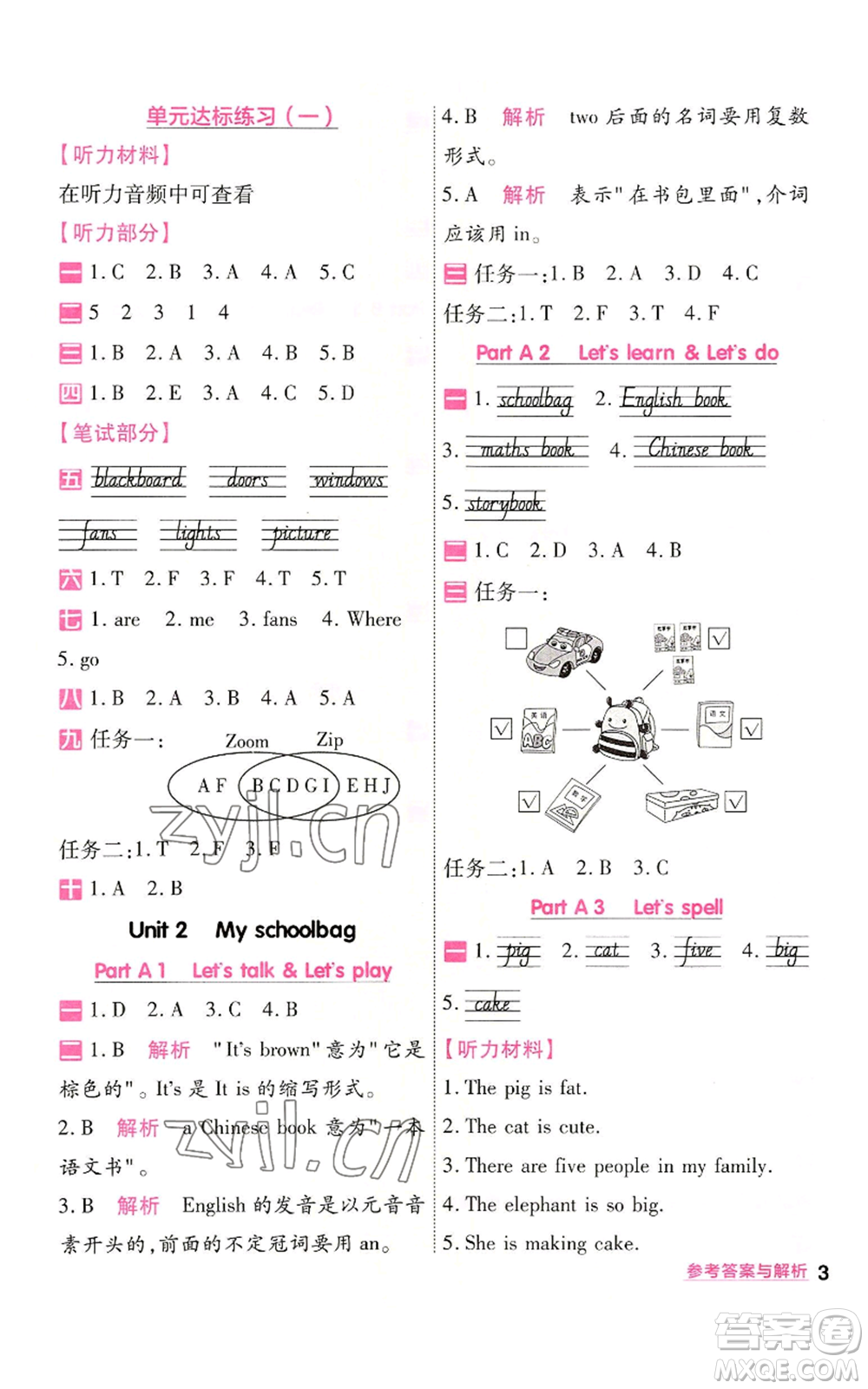 南京師范大學(xué)出版社2022秋季一遍過(guò)四年級(jí)上冊(cè)英語(yǔ)人教版參考答案