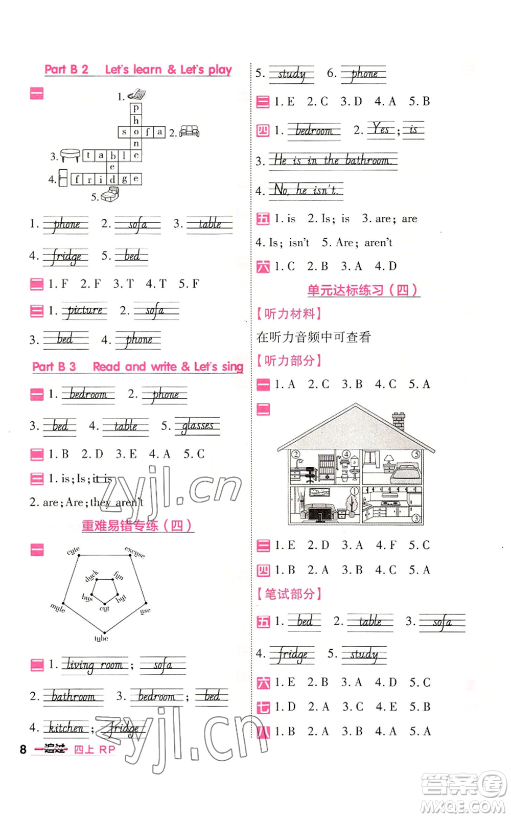 南京師范大學(xué)出版社2022秋季一遍過(guò)四年級(jí)上冊(cè)英語(yǔ)人教版參考答案