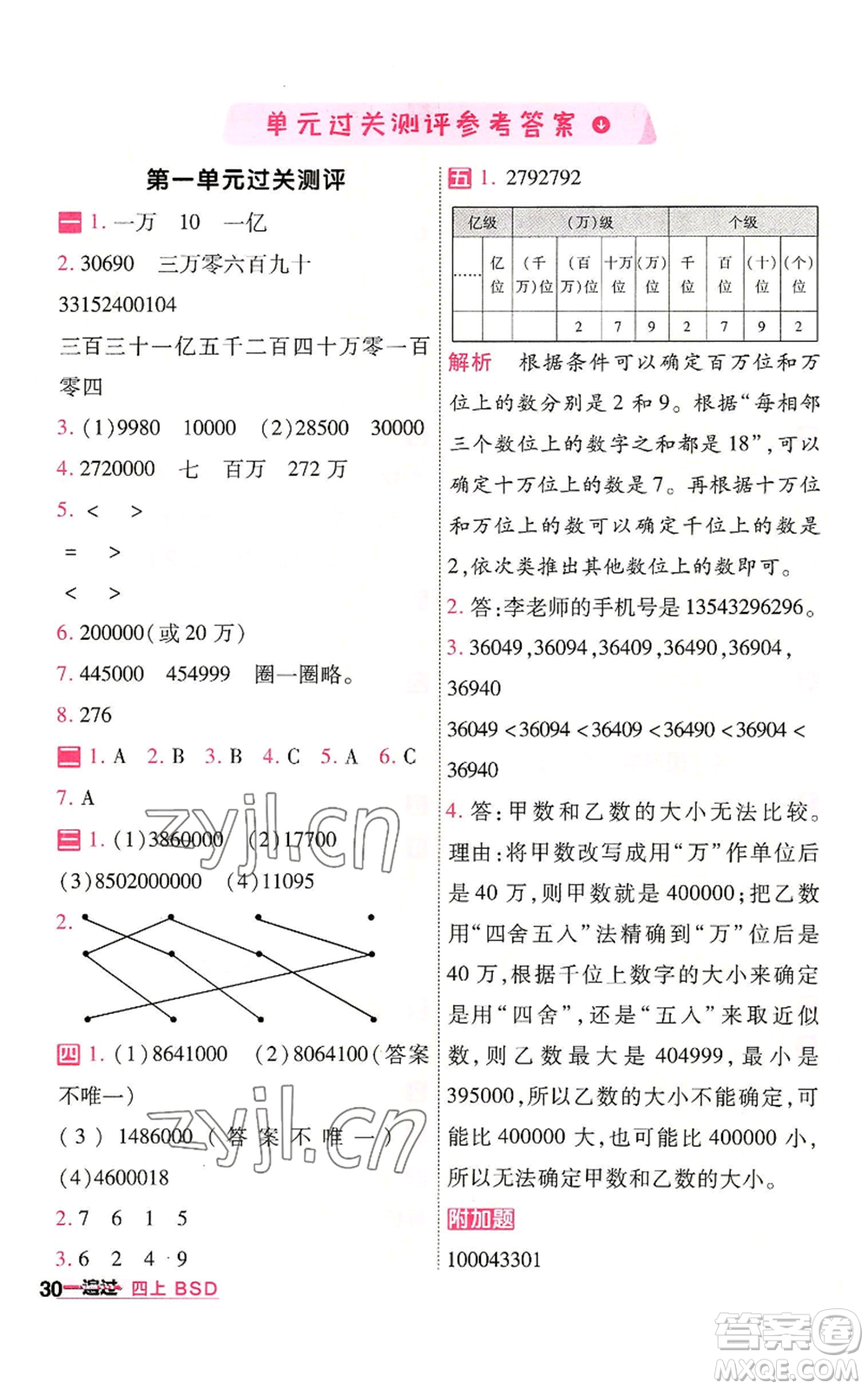 南京師范大學(xué)出版社2022秋季一遍過(guò)四年級(jí)上冊(cè)數(shù)學(xué)北師大版參考答案