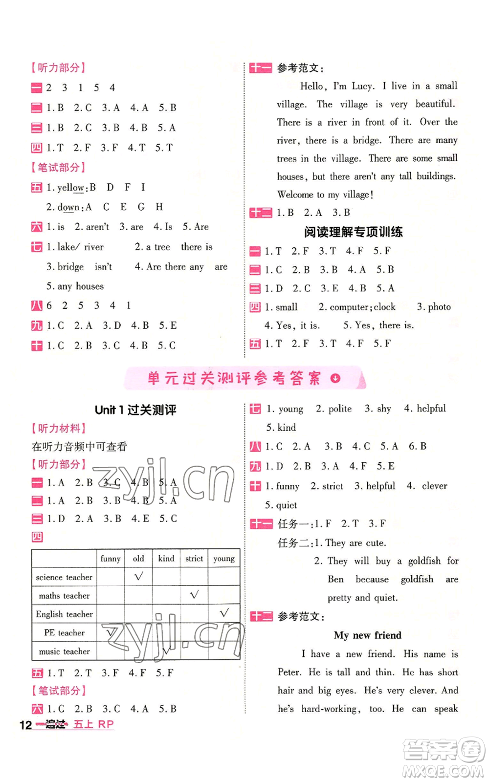 南京師范大學(xué)出版社2022秋季一遍過五年級上冊英語人教版參考答案