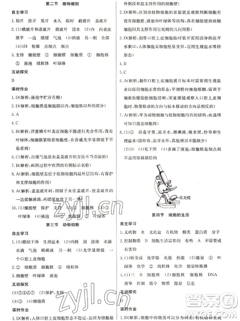 長江少年兒童出版社2022長江全能學(xué)案同步練習(xí)冊生物學(xué)七年級上冊人教版答案