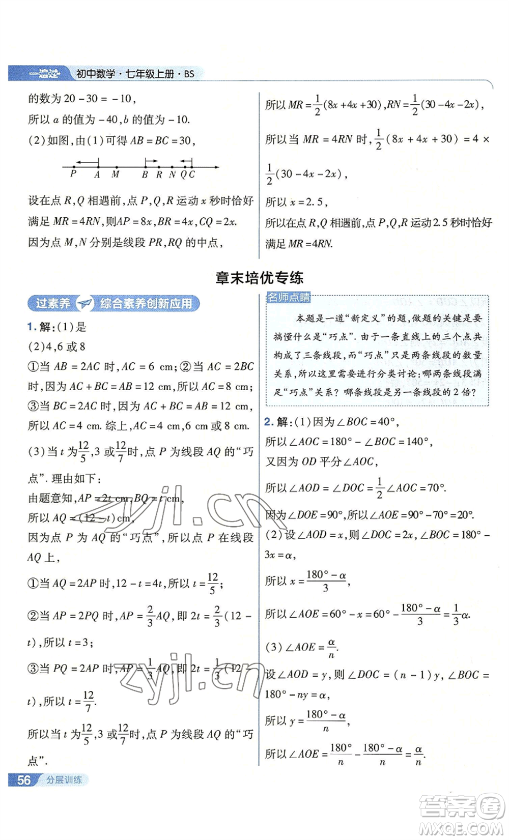 南京師范大學出版社2022秋季一遍過七年級上冊數學北師大版參考答案