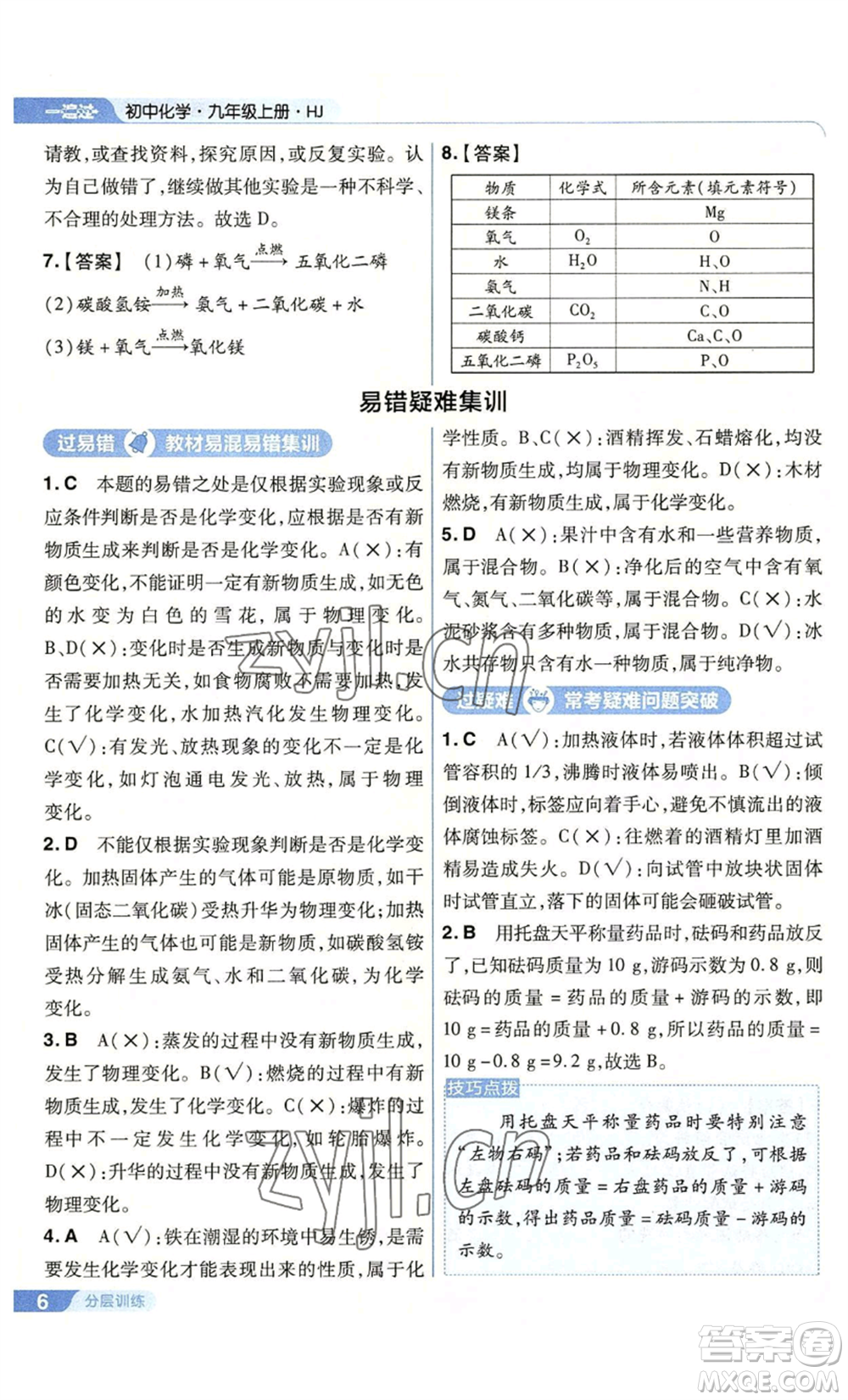 南京師范大學(xué)出版社2022秋季一遍過九年級(jí)上冊(cè)化學(xué)滬教版參考答案